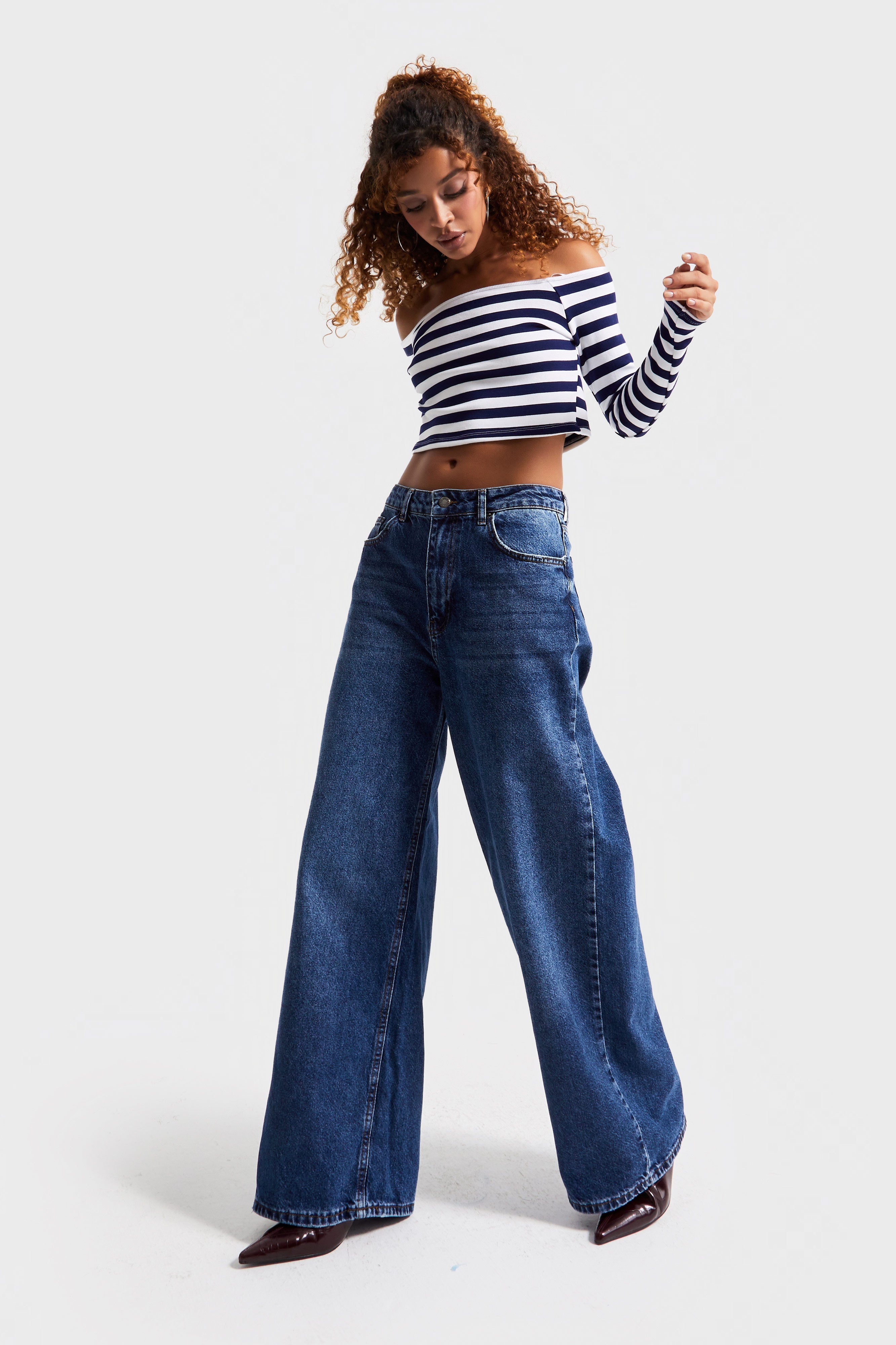 Kadın Koyu Mavi Renk 2w5-5 Süper Baggy Fit Bol Kesim Orta Bel %100 Koton Denim Jean