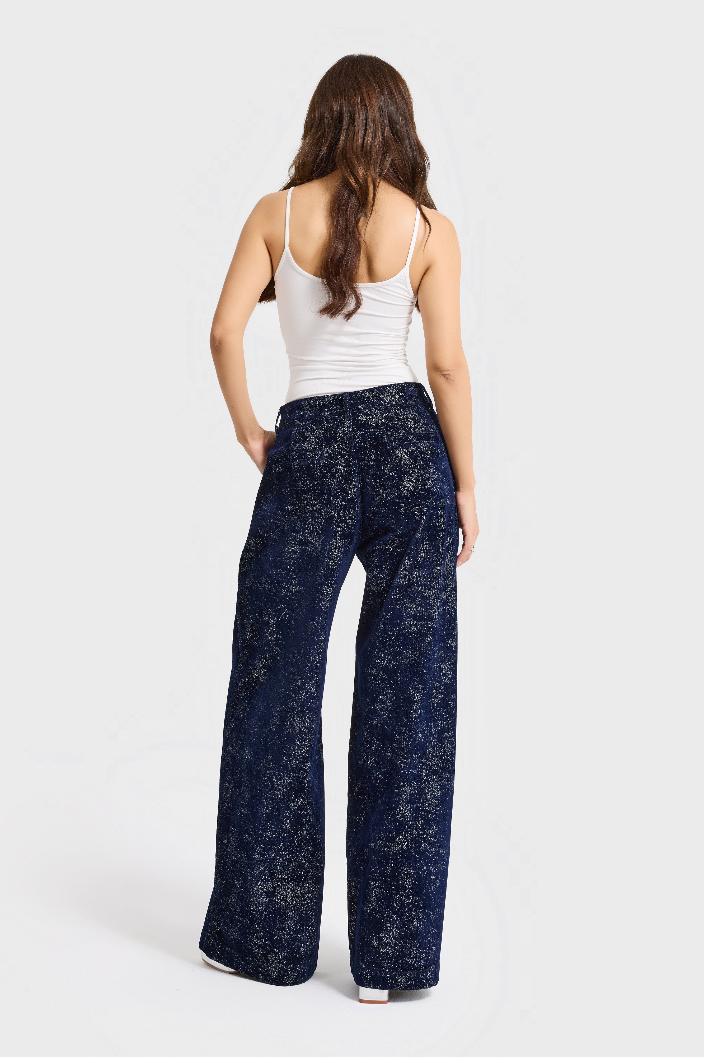 Kadın Koyu Mavi Renk 7w5-56 Midrise Wide Leg Fit Özel Kumaş Tasarım Denim Jean