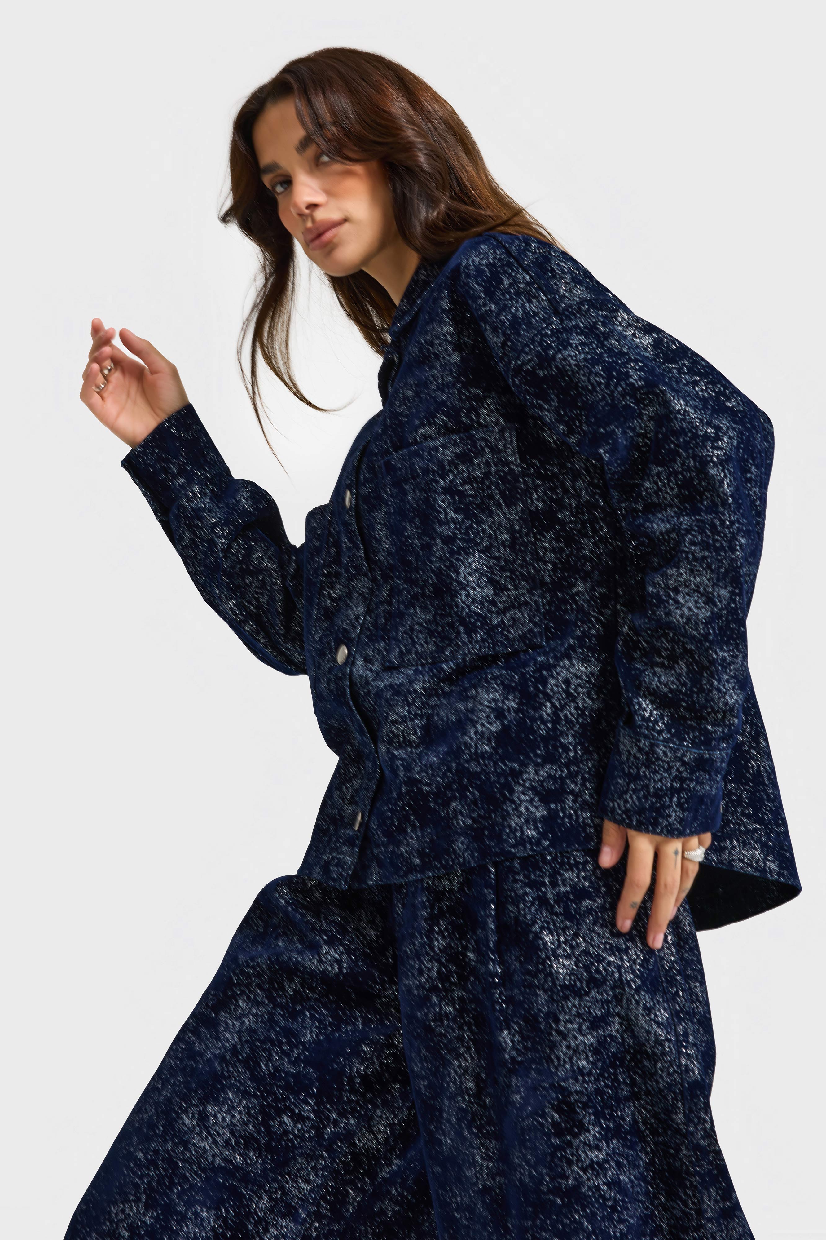 Kadın Koyu Mavi Renk 7w5-56 Oversize Özel Kumaş Tasarım Denim Ceket