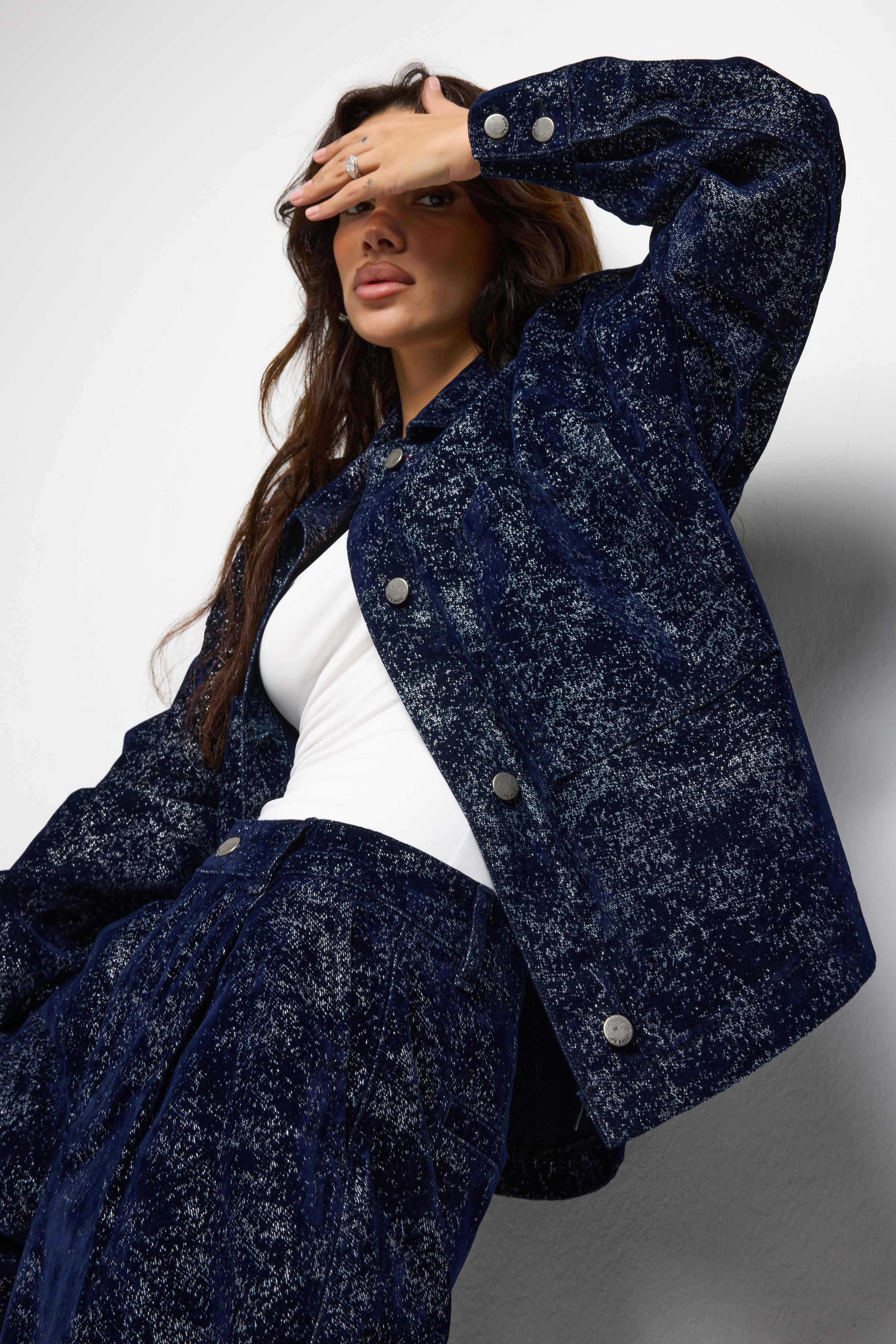 Kadın Koyu Mavi Renk 7w5-56 Oversize Özel Kumaş Tasarım Denim Ceket