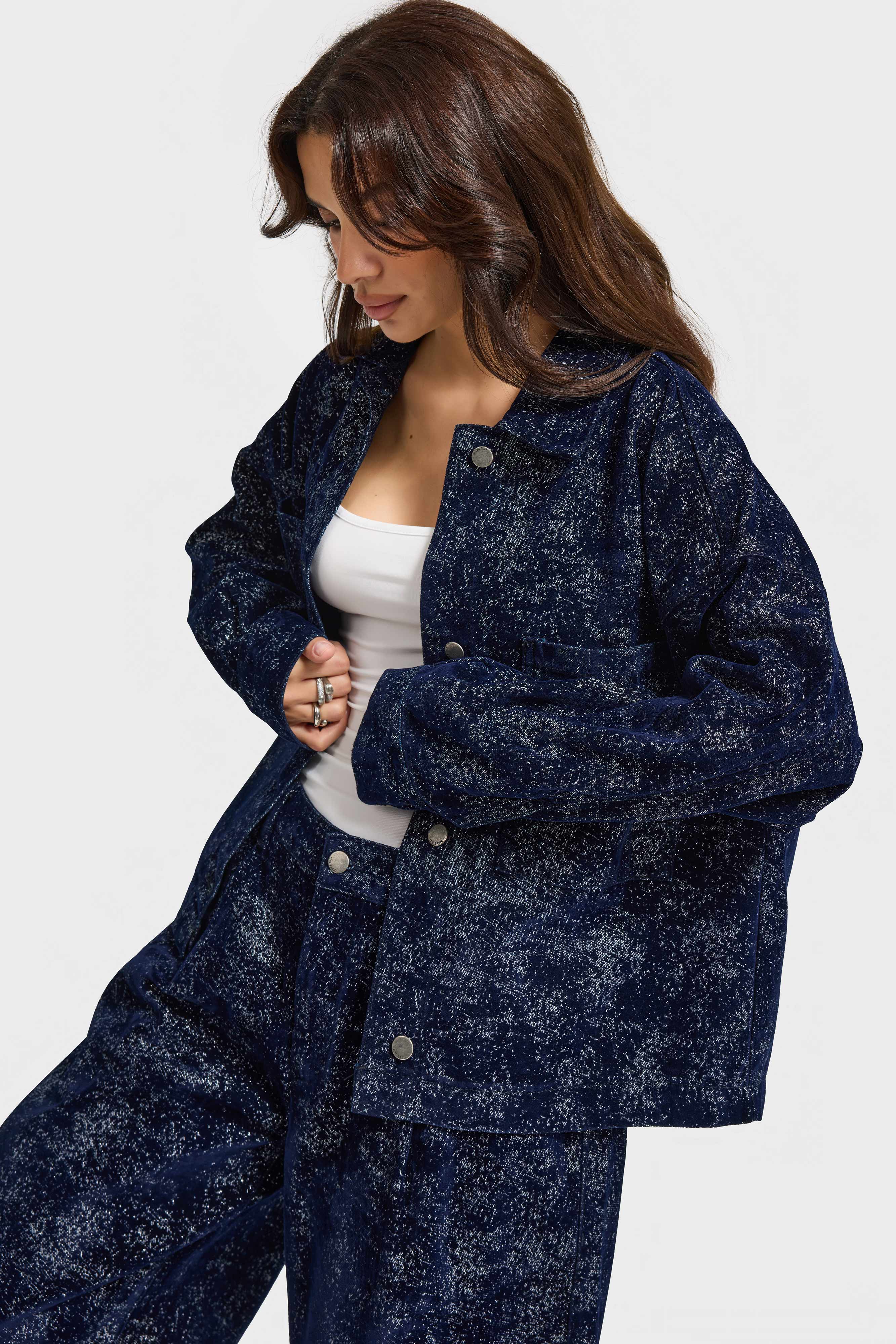 Kadın Koyu Mavi Renk 7w5-56 Oversize Özel Kumaş Tasarım Denim Ceket