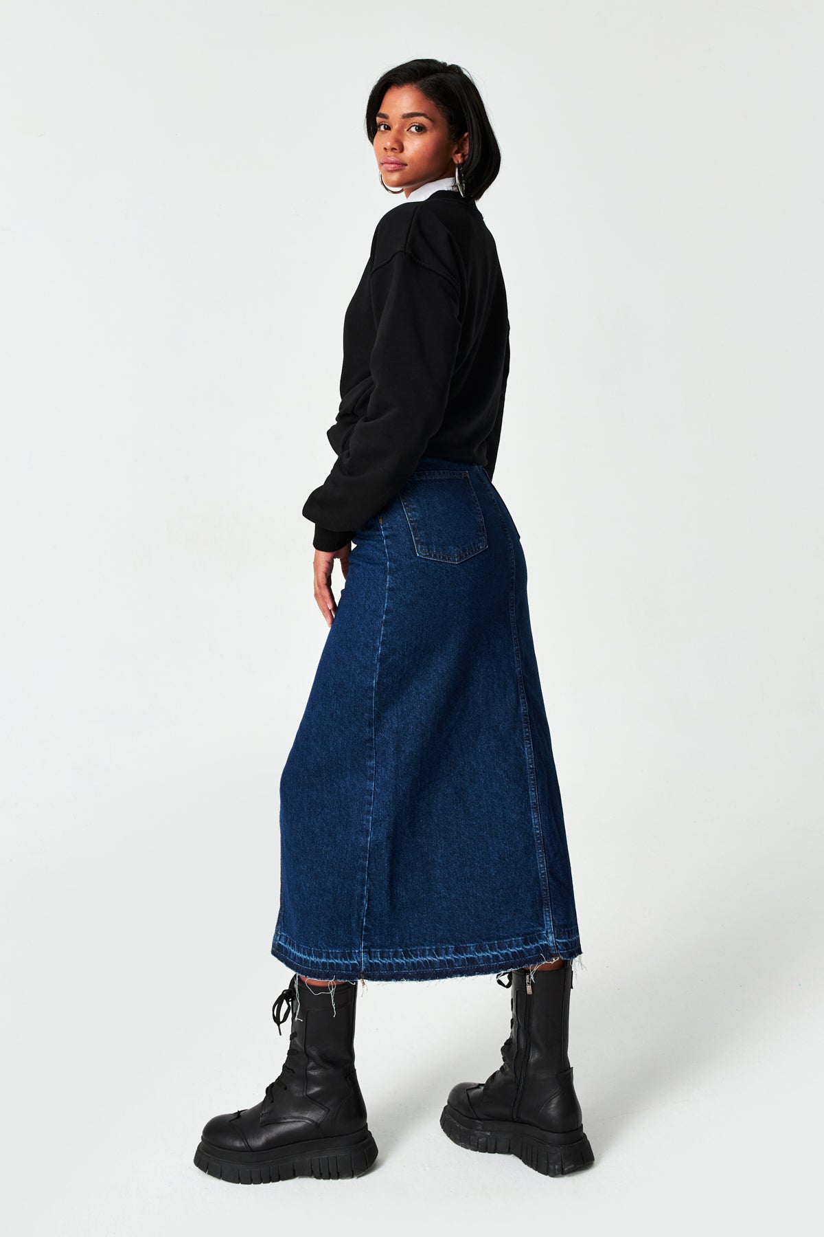 Women's Dark Blue Color Deep Slit High Waist Long Denim Skirt