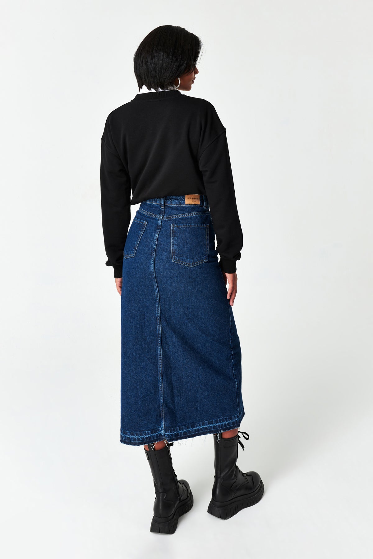 Women's Dark Blue Color Deep Slit High Waist Long Denim Skirt