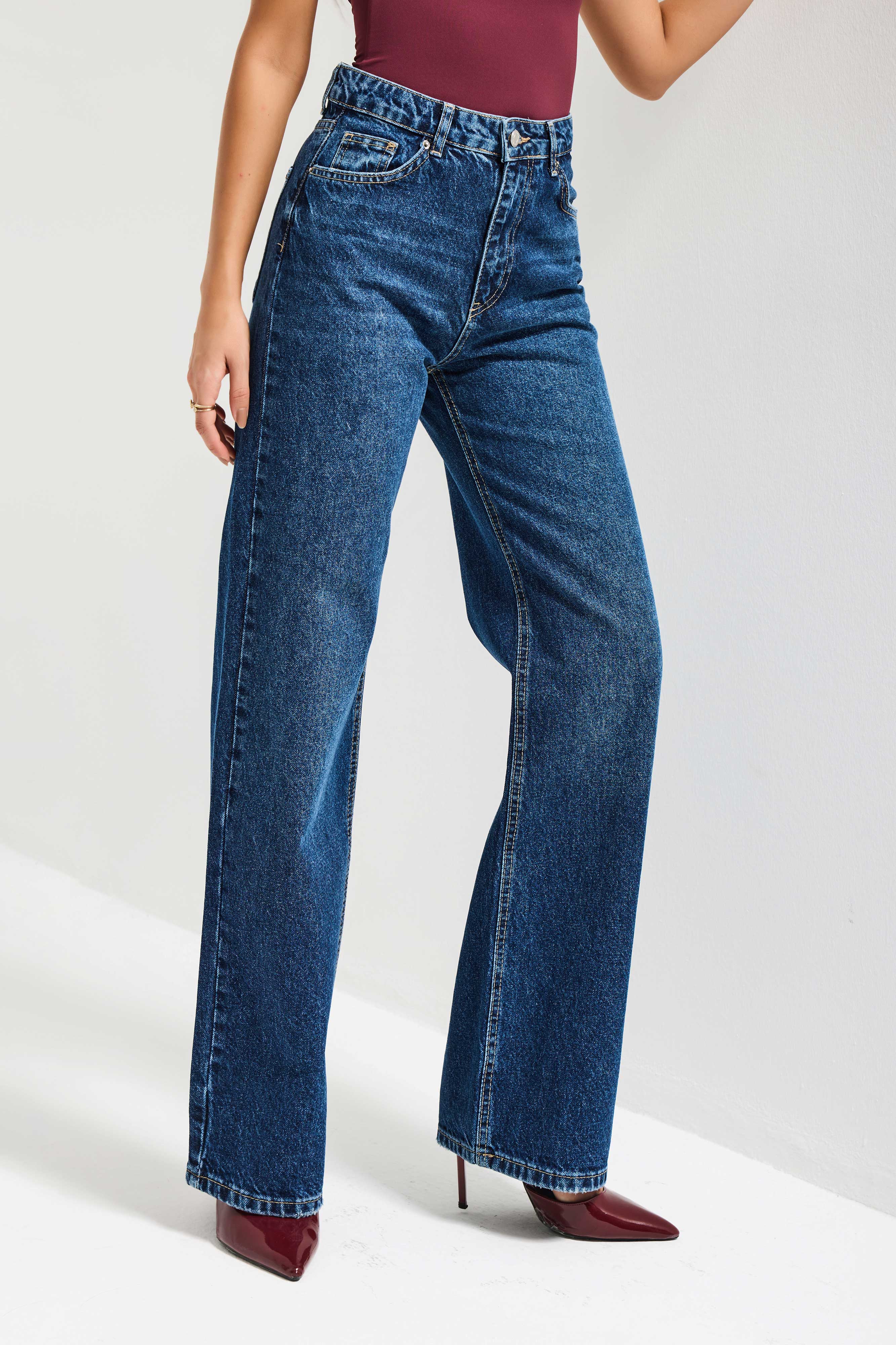 Kadın Koyu Mavi Renk Doris 2s6-5 Straight Fit Yüksek Bel %100 Koton Denim Jean