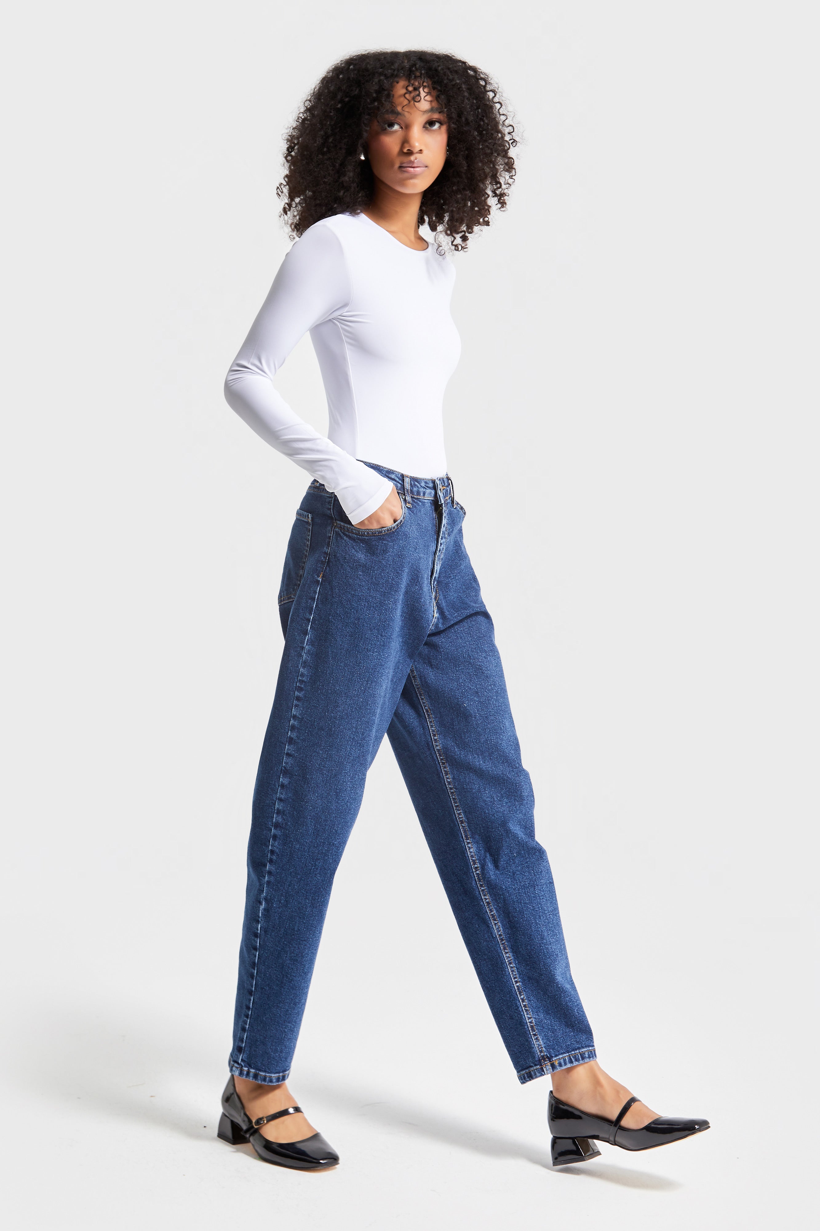 Women's Dark Blue Color Lycra Fabric Mom Fit Denim