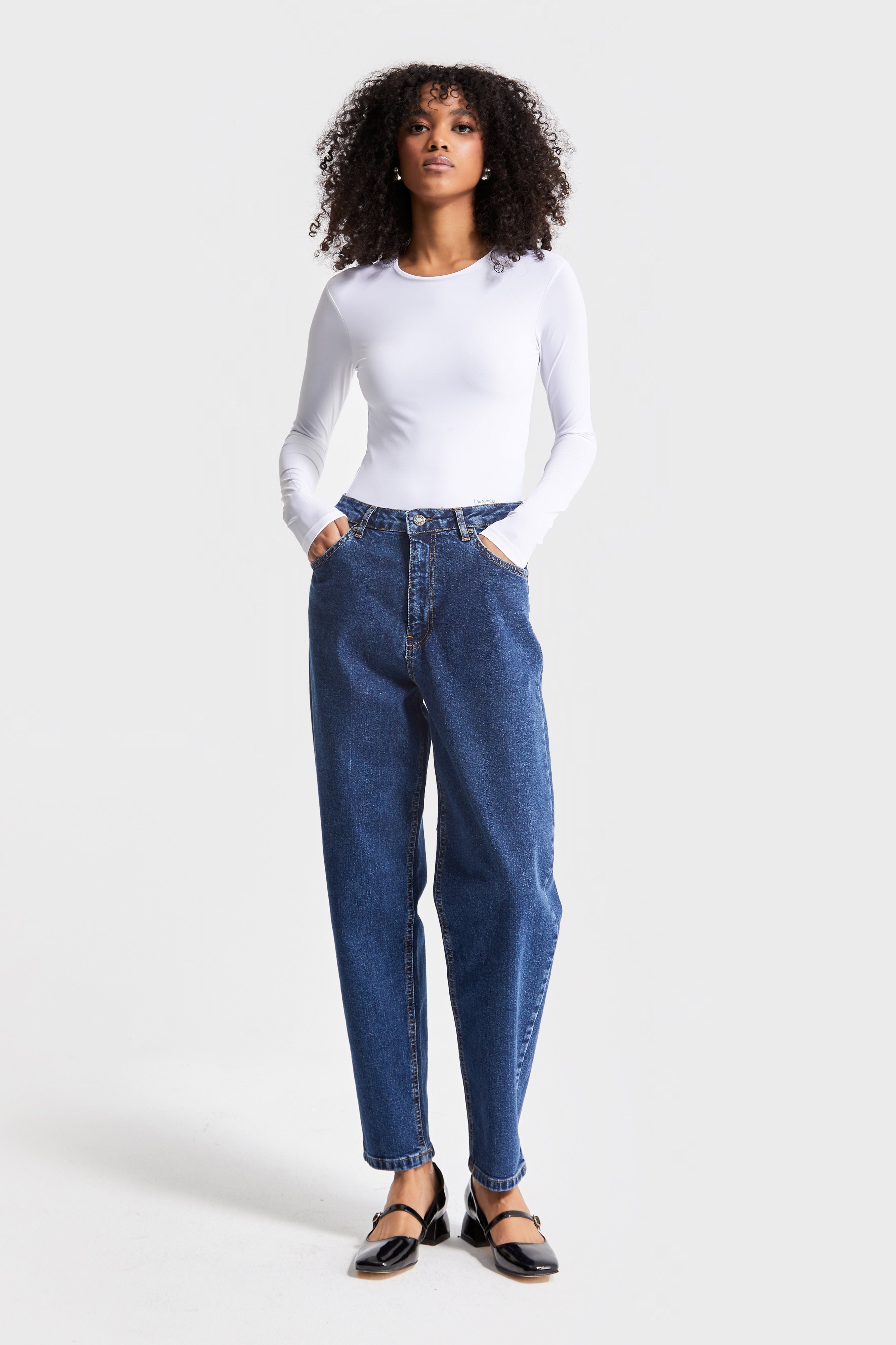 Women's Dark Blue Color Lycra Fabric Mom Fit Denim