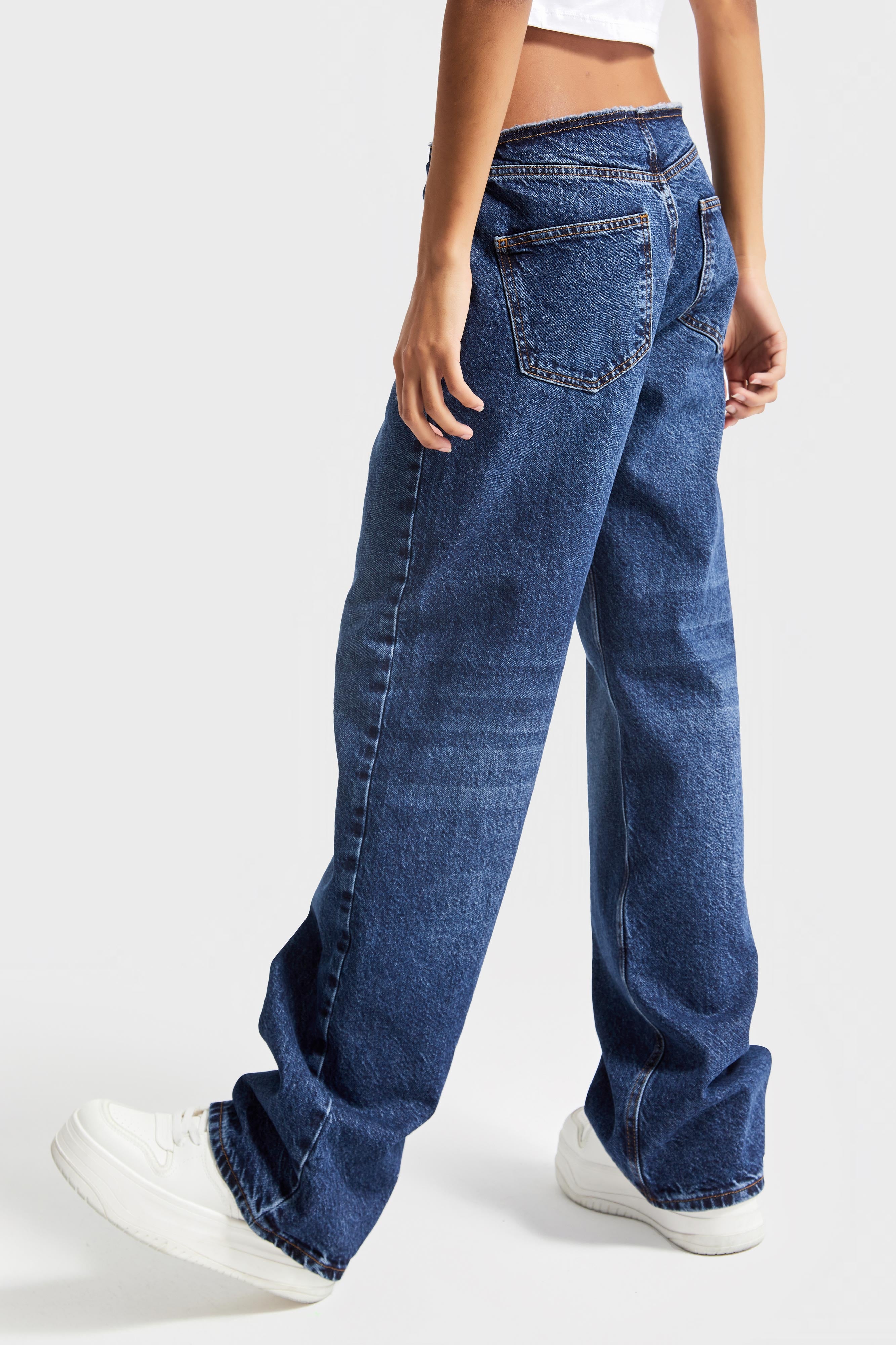 Women's Dark Blue Color Loose Straight Fit 100% Cotton Denim