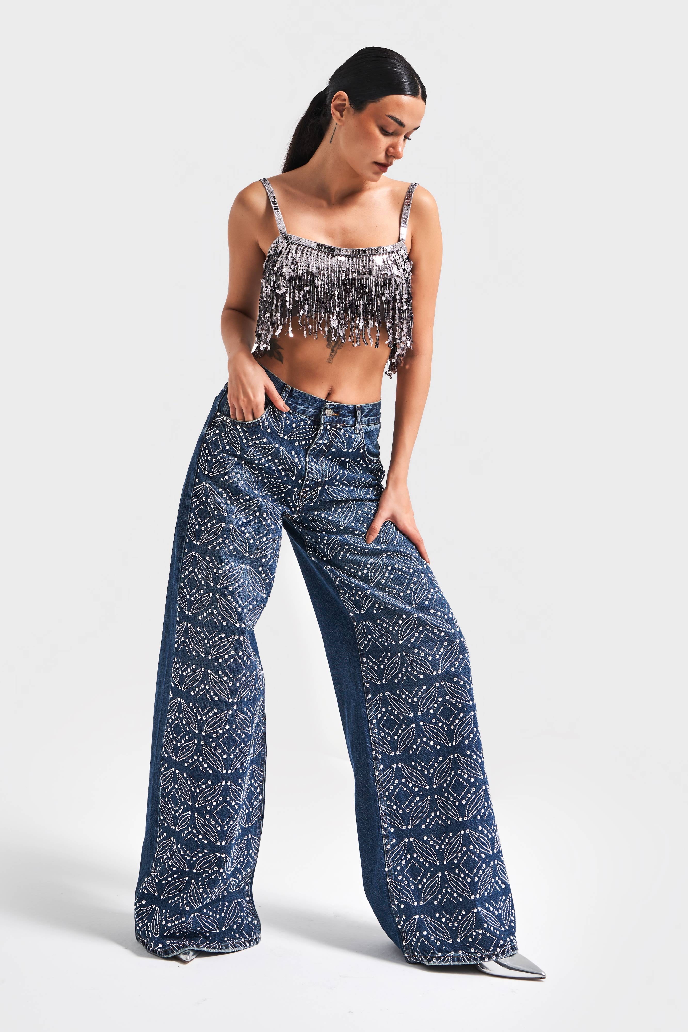 Kadın Koyu Mavi Renk T1-2W4-5 Palazzo Fit Etnik Parlak Taşlı Tasarım Denim Jean