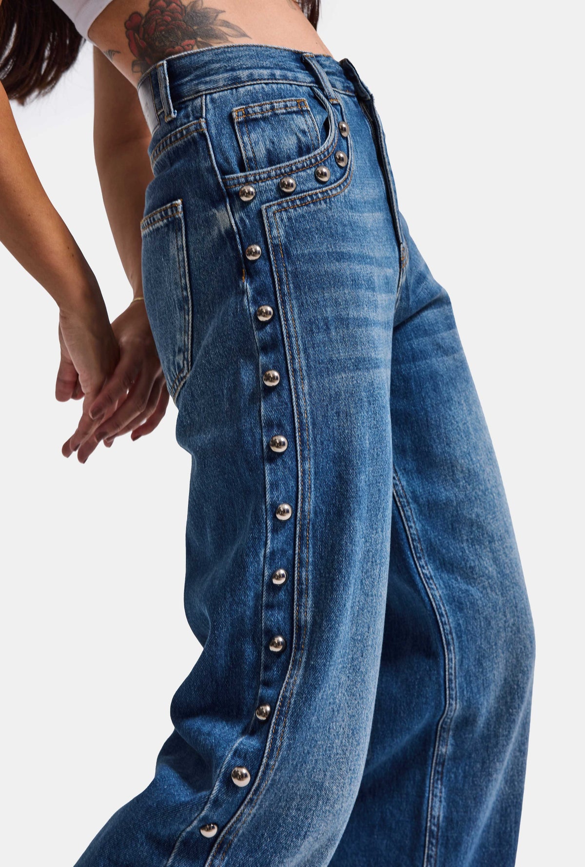 Kadın Koyu Mavi T-2w6-5 Loose Fit Drop Detraylı Özel Tasarım Denim Jean