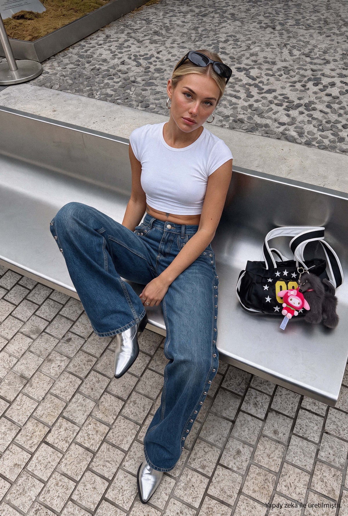 Kadın Koyu Mavi T-2w6-5 Loose Fit Drop Detraylı Özel Tasarım Denim Jean