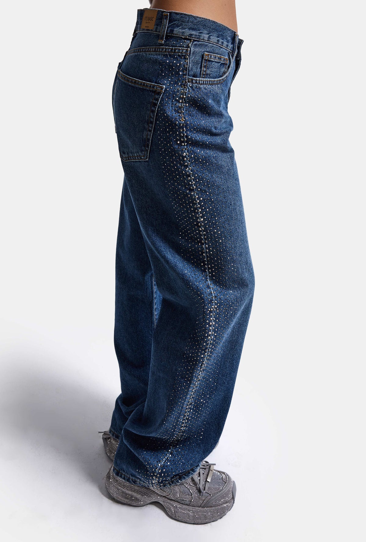 Kadın Koyu Mavi T-2w6-5 Loose Fit Parlak Taş Detaylı Özel Tasarım Denim Jean