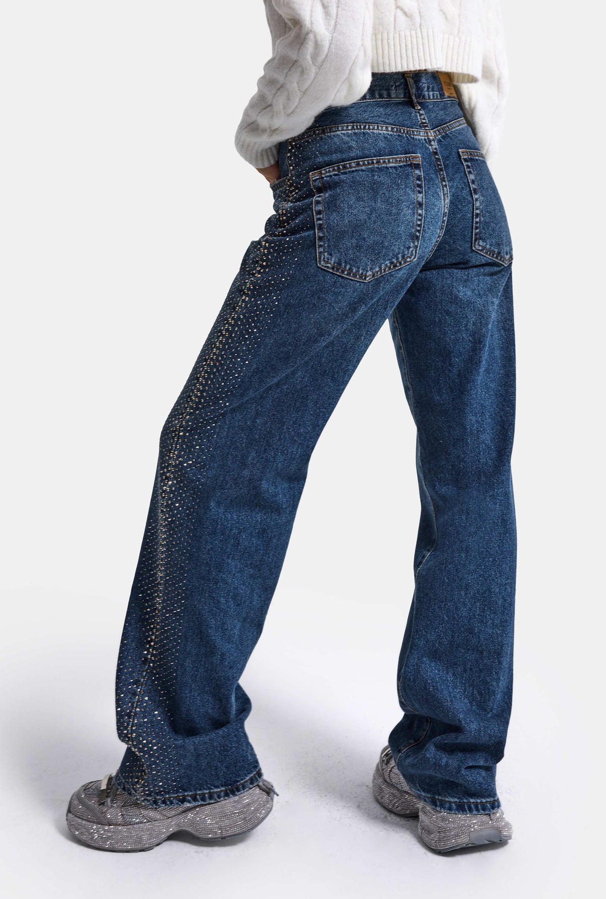 Kadın Koyu Mavi T-2w6-5 Loose Fit Parlak Taş Detaylı Özel Tasarım Denim Jean