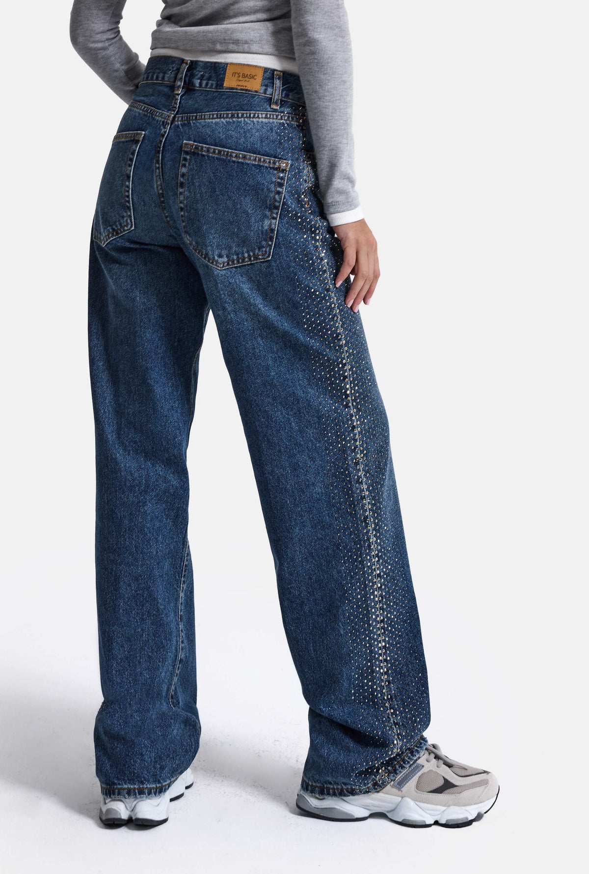 Kadın Koyu Mavi T-2w6-5 Loose Fit Parlak Taş Detaylı Özel Tasarım Denim Jean