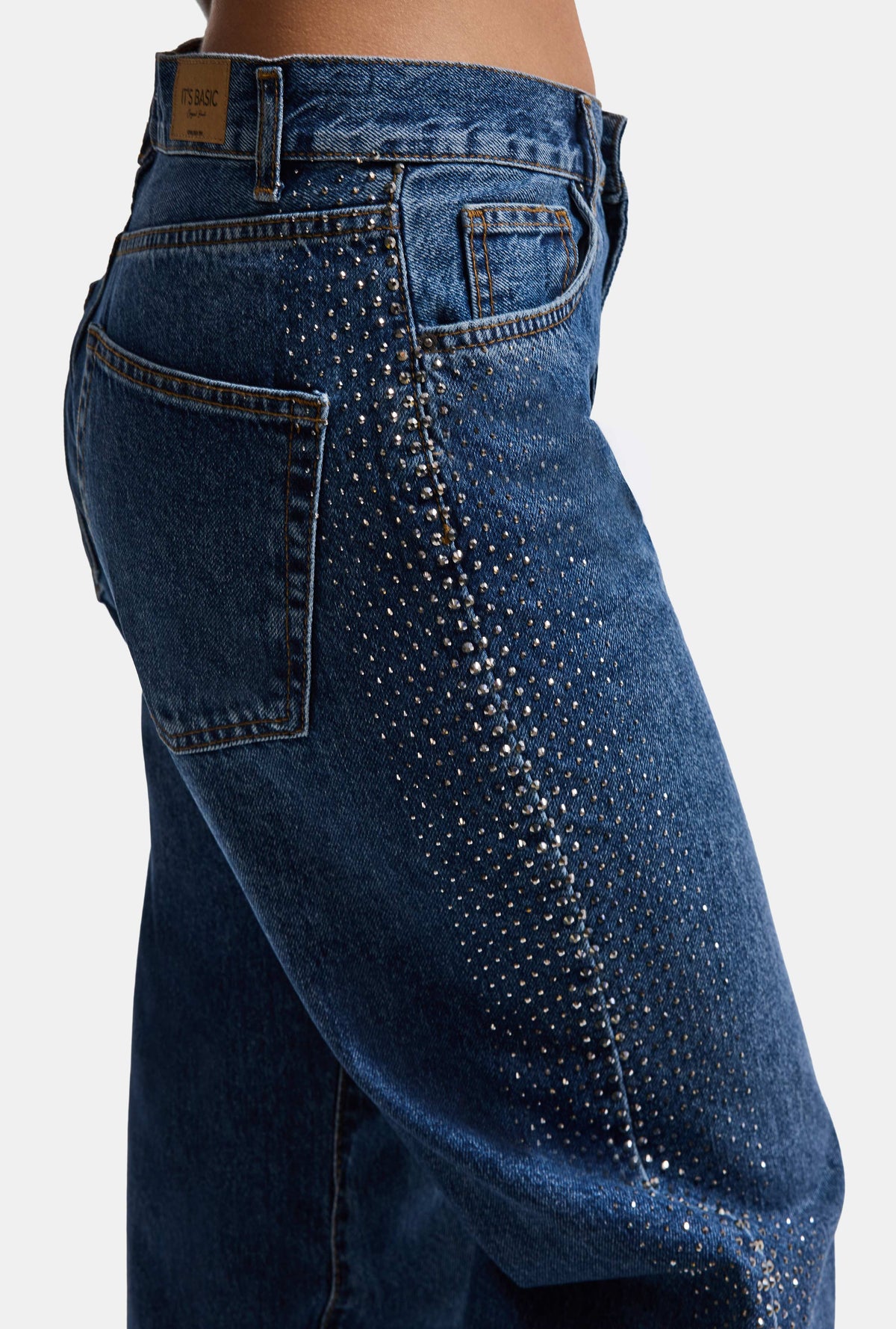 Kadın Koyu Mavi T-2w6-5 Loose Fit Parlak Taş Detaylı Özel Tasarım Denim Jean