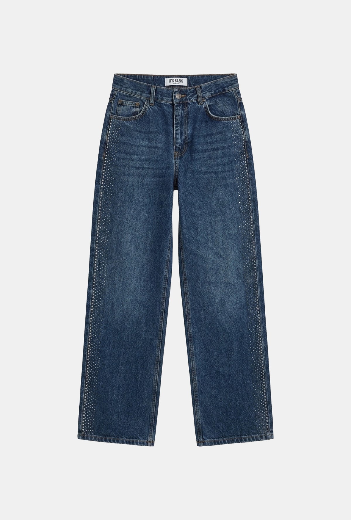 Kadın Koyu Mavi T-2w6-5 Loose Fit Parlak Taş Detaylı Özel Tasarım Denim Jean
