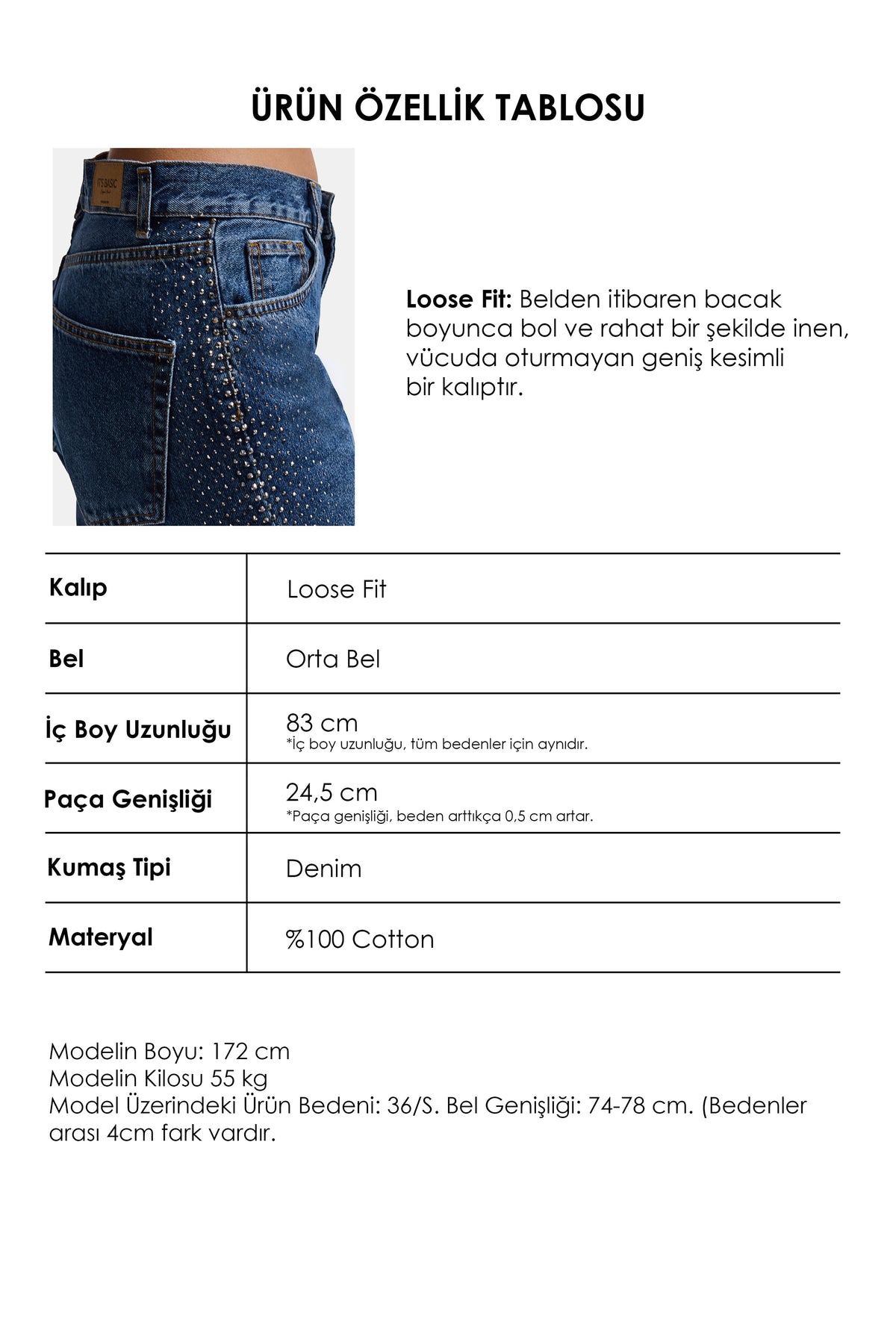 Kadın Koyu Mavi T-2w6-5 Loose Fit Parlak Taş Detaylı Özel Tasarım Denim Jean