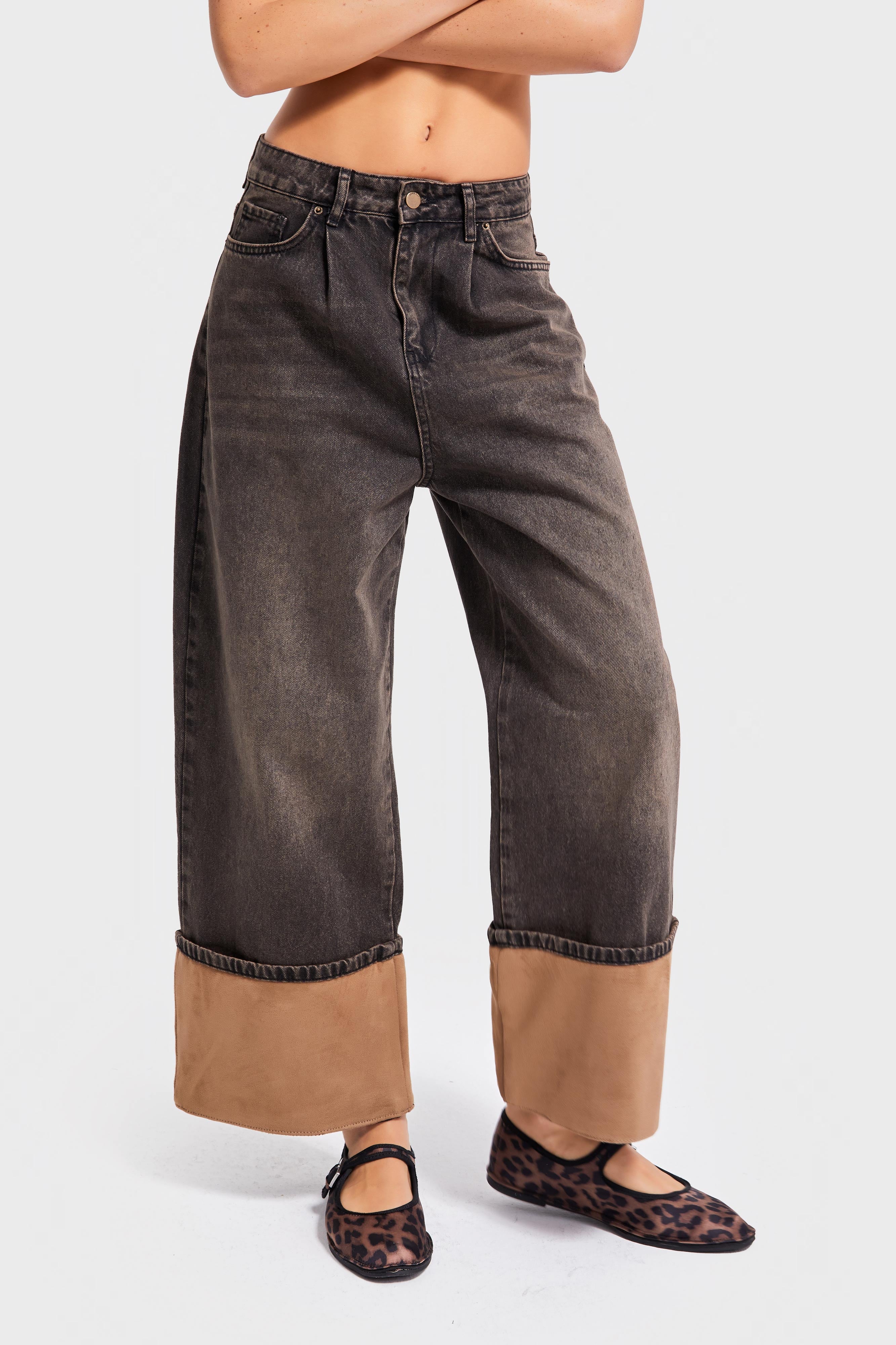 Kadın Koyu T.Kot Rengi 4w5-137 Süper Baggy Fit Paça Süet Kumaş Detaylı Tasarım Denim Jean