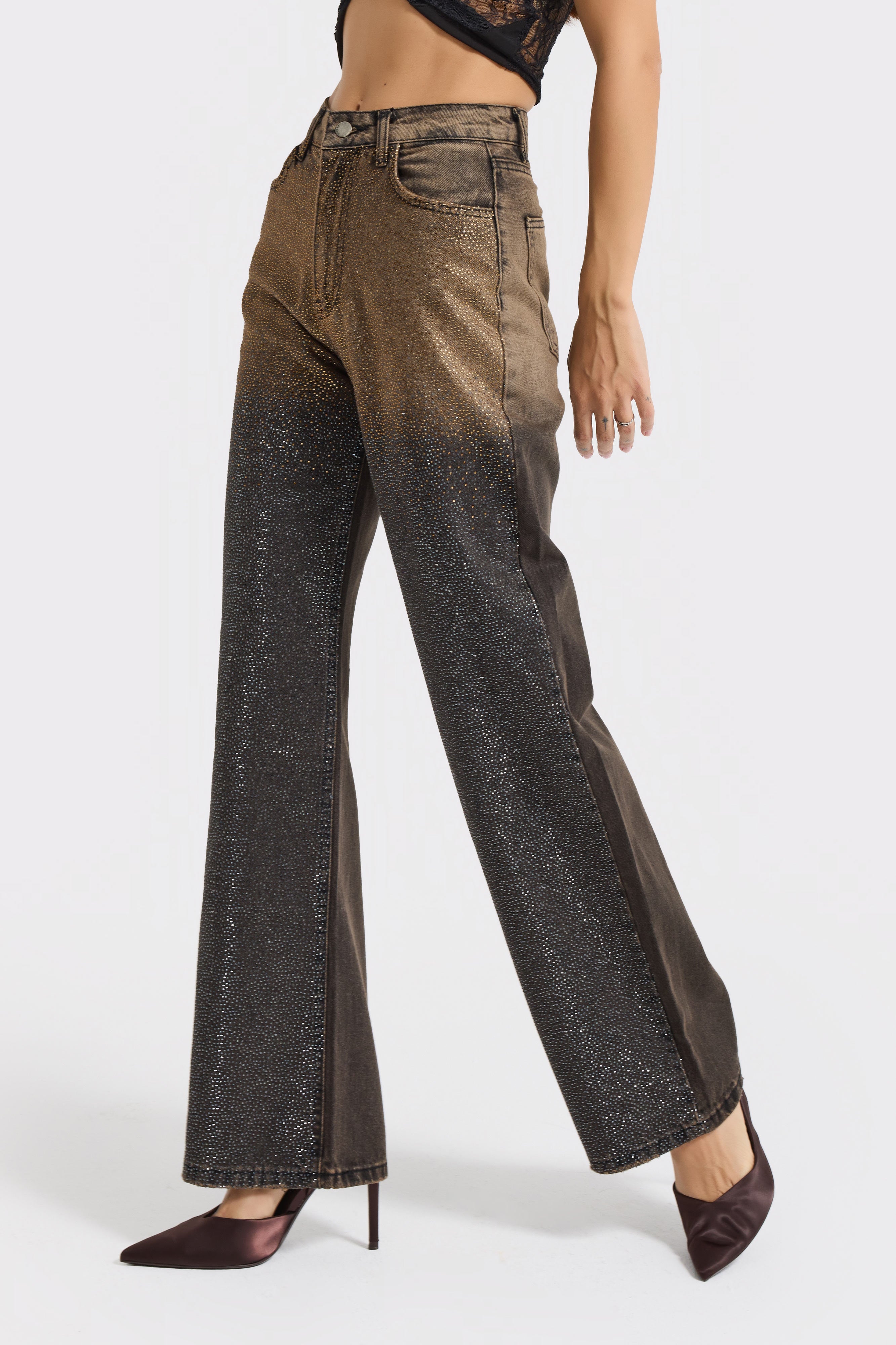 Kadın Koyu Taş Rengi T-21w5-81 Straight Fit Çift Renk Parlak Taş Detaylı Özel Tasarım Denim Jean