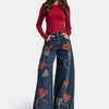 Kadın Koyu Tint 1w6-8 Palazzo Fit Özel Nakış Desenli Tasarım Denim Jean
