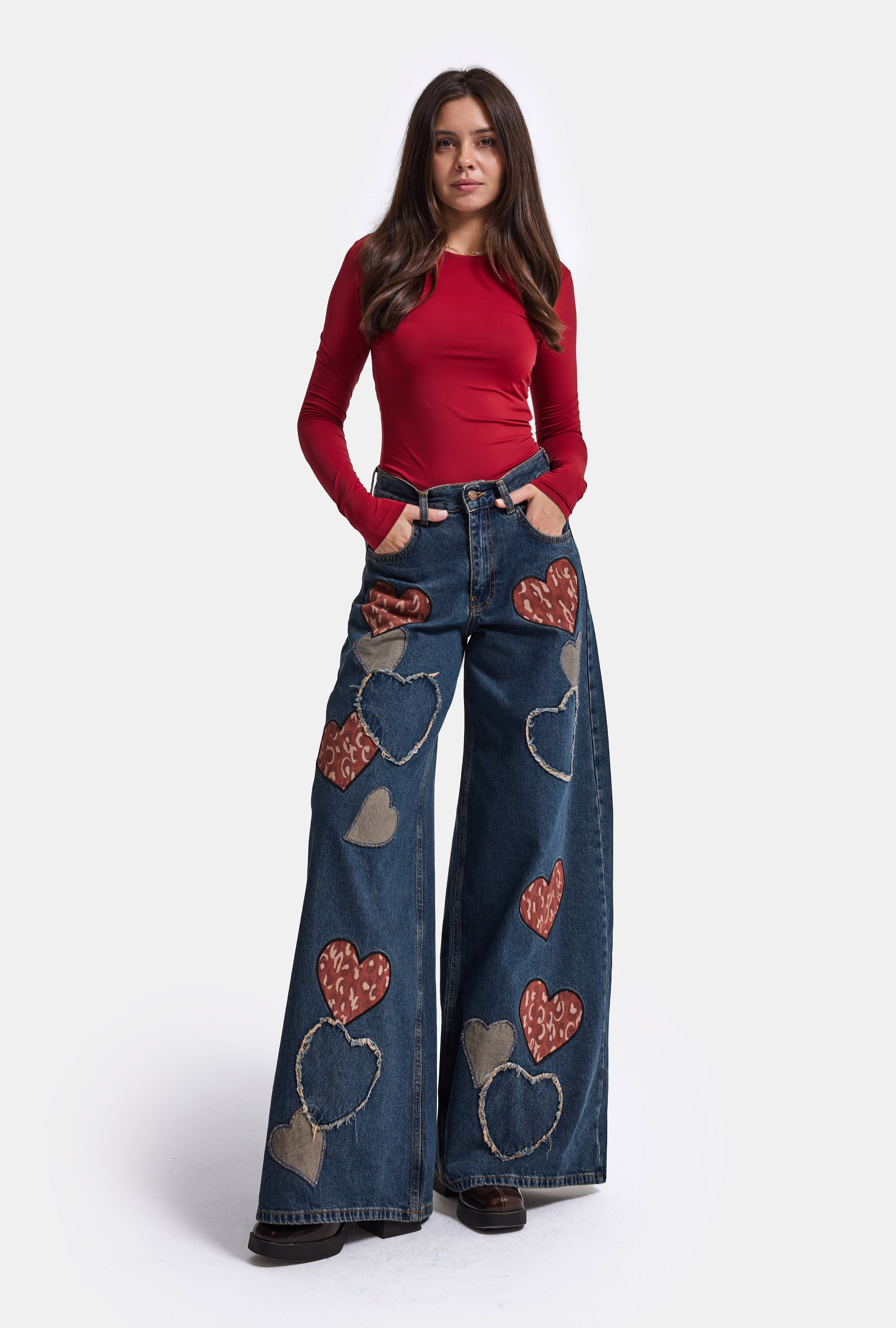 Kadın Koyu Tint 1w6-8 Palazzo Fit Özel Nakış Desenli Tasarım Denim Jean