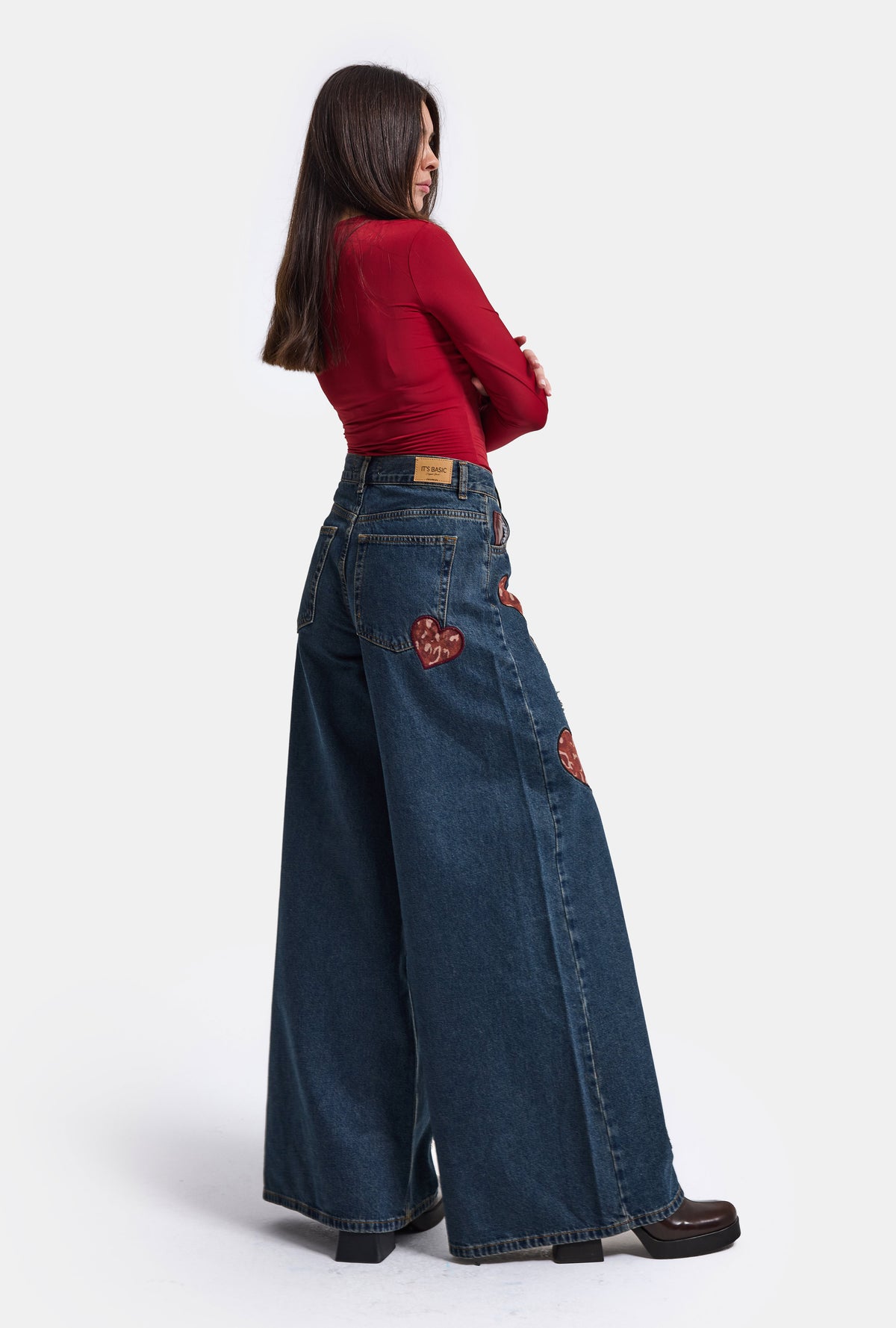 Kadın Koyu Tint 1w6-8 Palazzo Fit Özel Nakış Desenli Tasarım Denim Jean