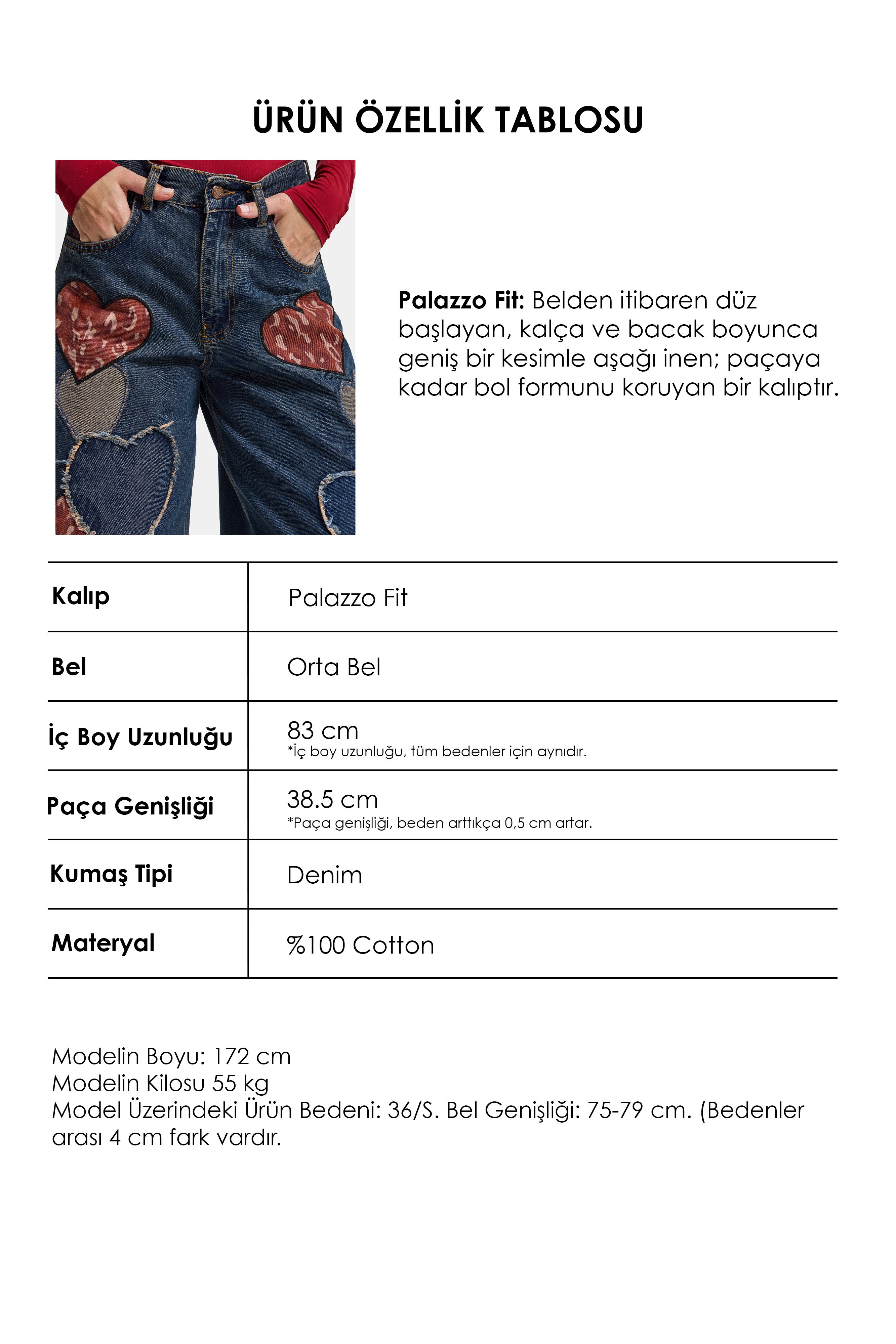 Kadın Koyu Tint 1w6-8 Palazzo Fit Özel Nakış Desenli Tasarım Denim Jean