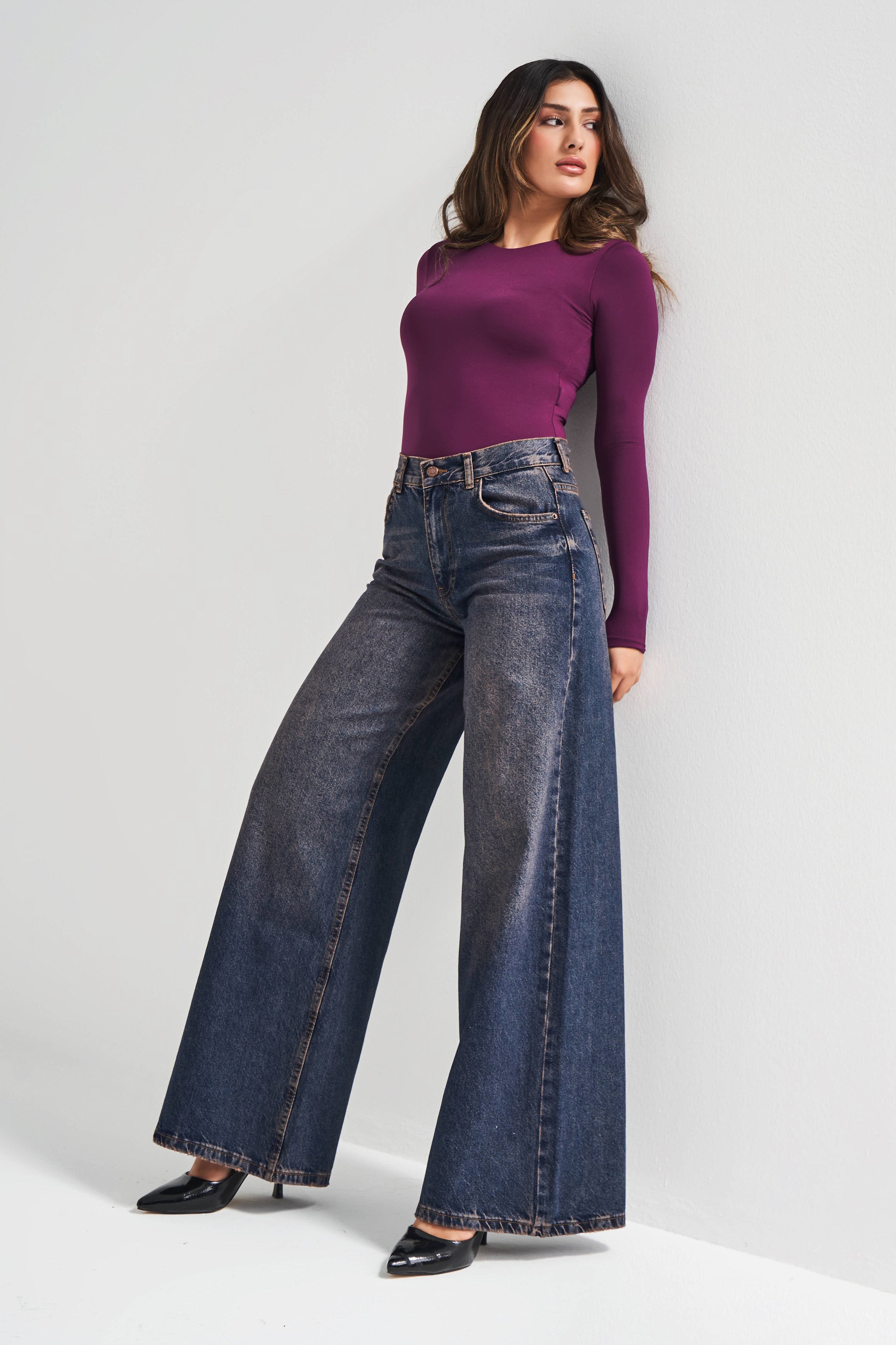 Kadın Koyu Tint Rengi Hera 2w5-61 Palazzo Fit %100 Koton Denim Jean