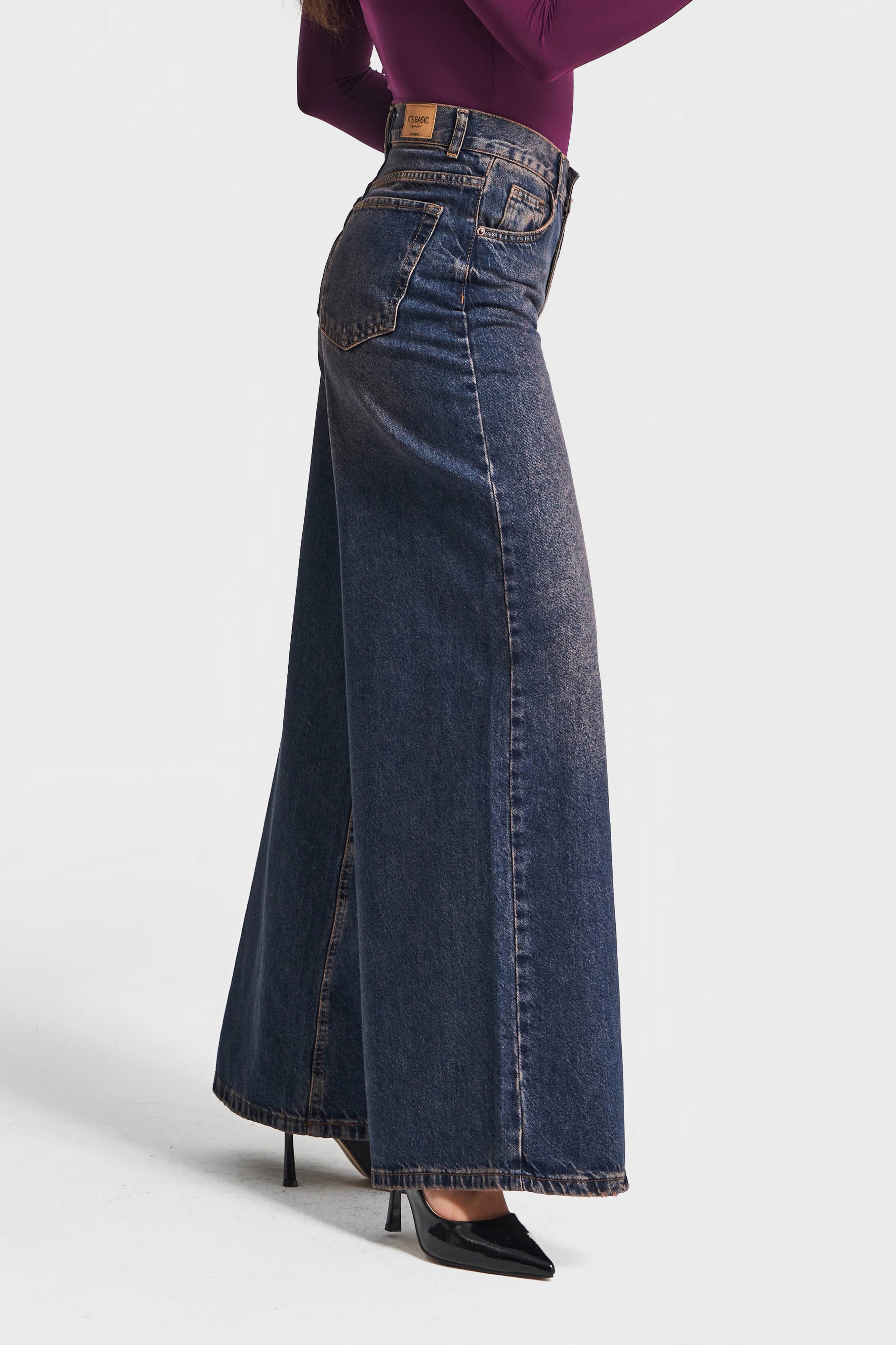 Kadın Koyu Tint Rengi Hera 2w5-61 Palazzo Fit %100 Koton Denim Jean