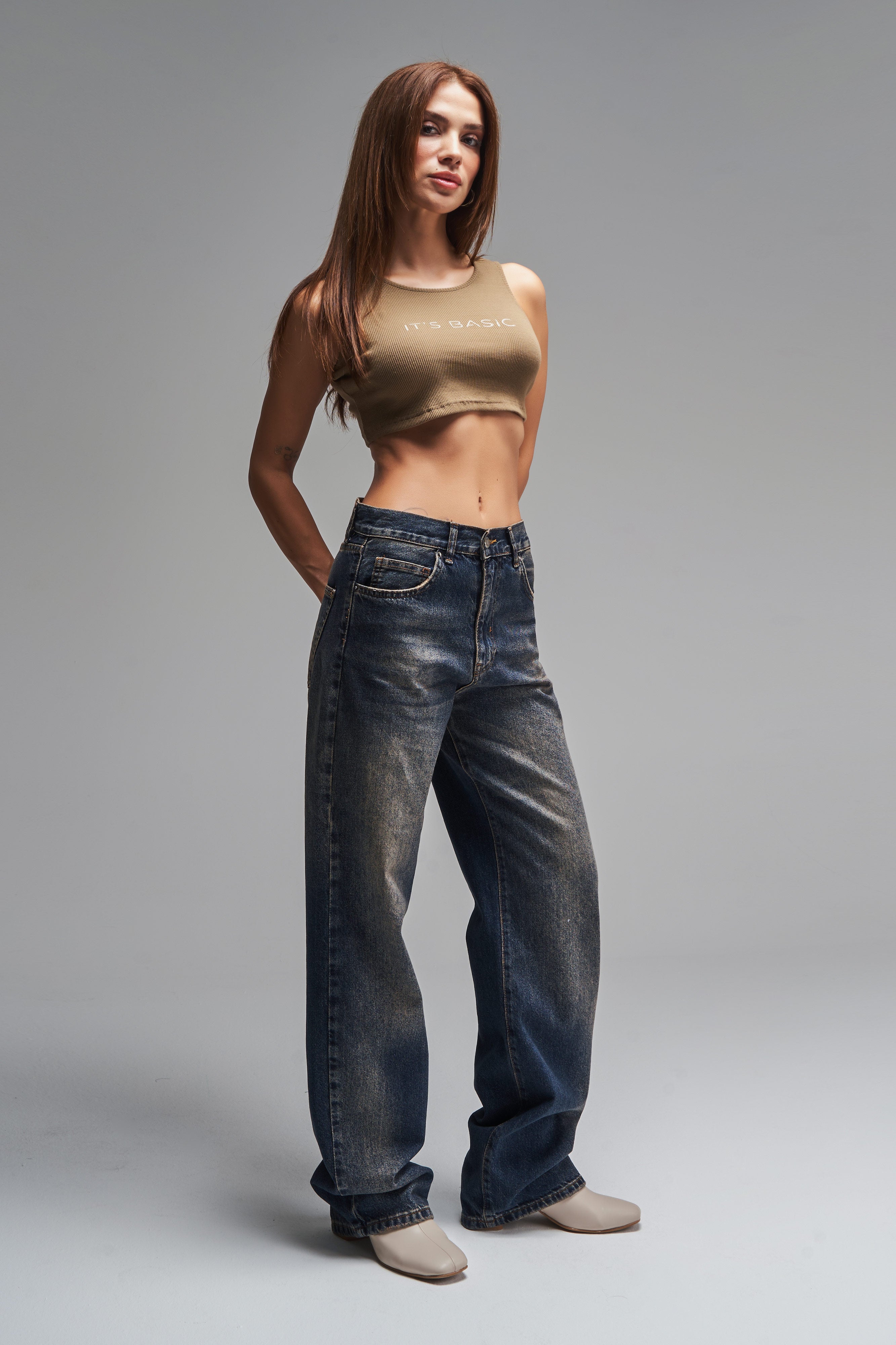 Women's Dark Tint Color Loose Fit 100% Cotton Mid Waist Denim