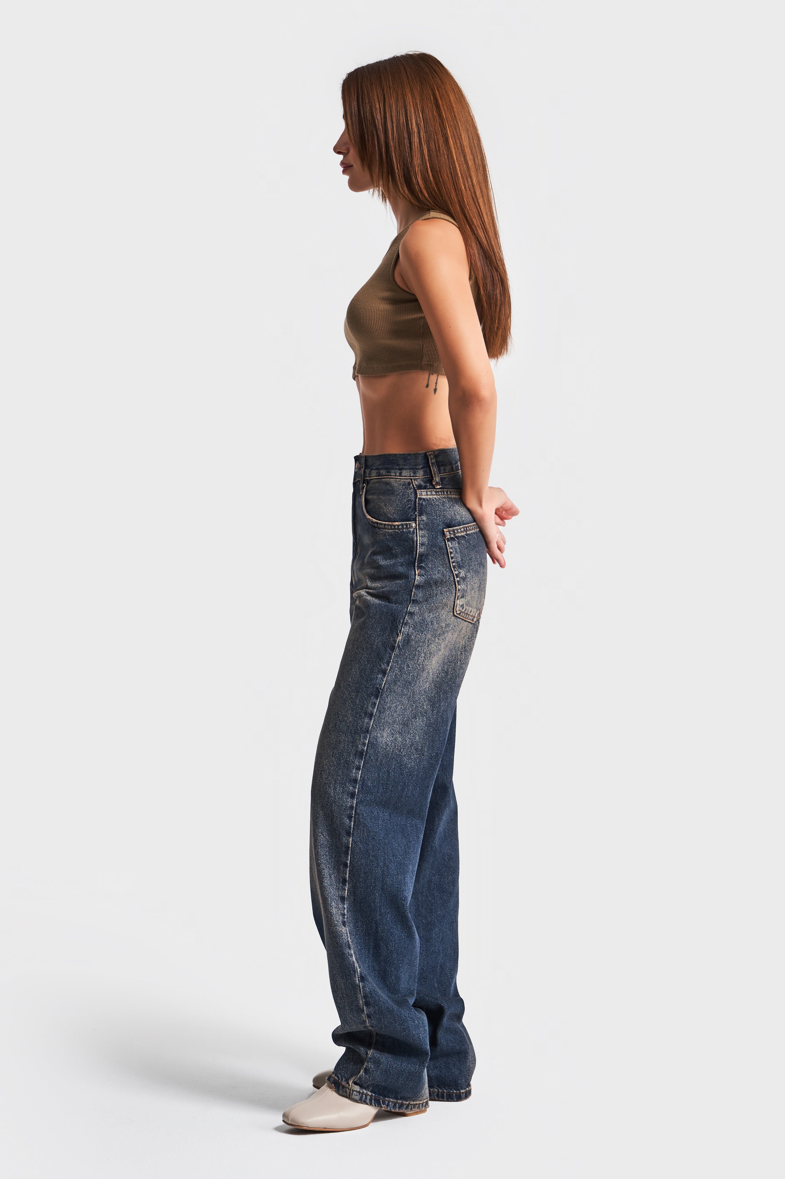 Women's Dark Tint Color Loose Fit 100% Cotton Mid Waist Denim