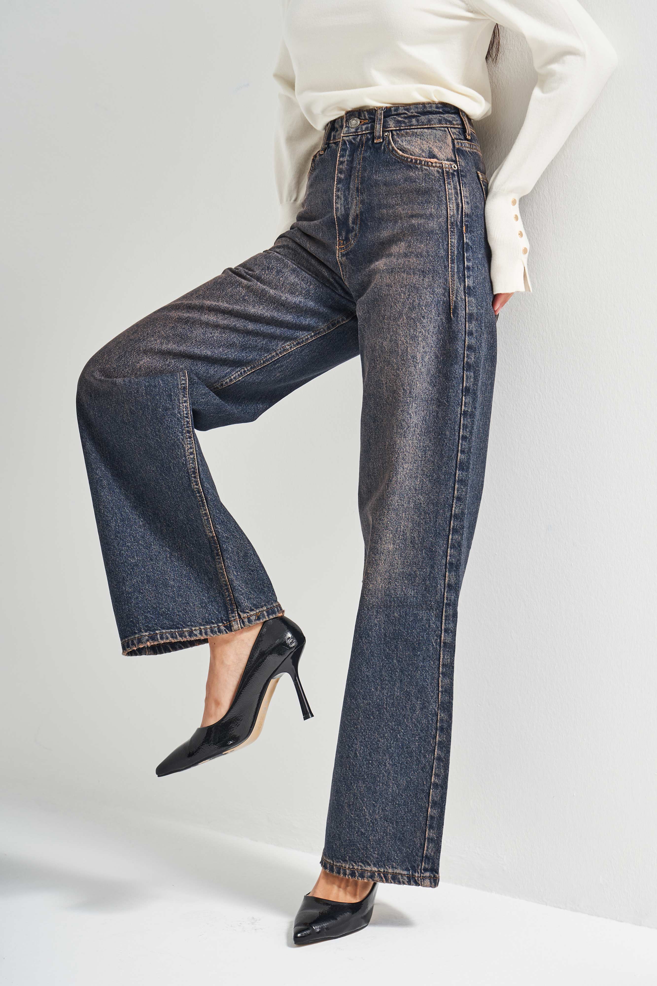 Kadın Koyu Tint Renk Olea 2w5-10 Wide Leg Fit Yüksek Bel İç Boy 77cm %100 Koton Denim Jean