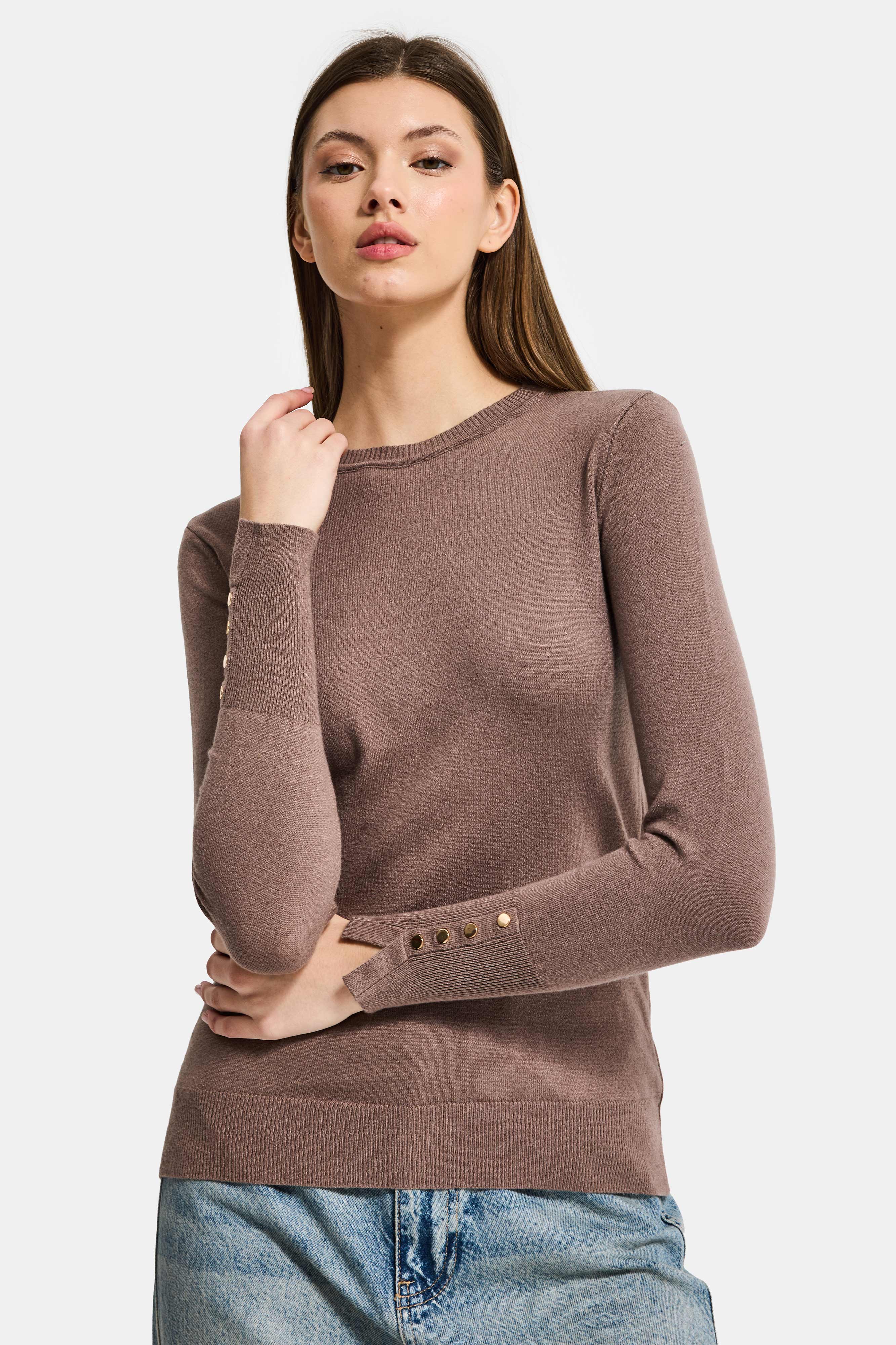 Kadın Koyu Vizon w5-82 Örme Triko Kumaş Bisiklet Yaka Kol Aksesuarlı Triko