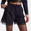 Women's Navy Blue Striped w6-56 Midi Length Pleated Lace Detail Designer Shorts