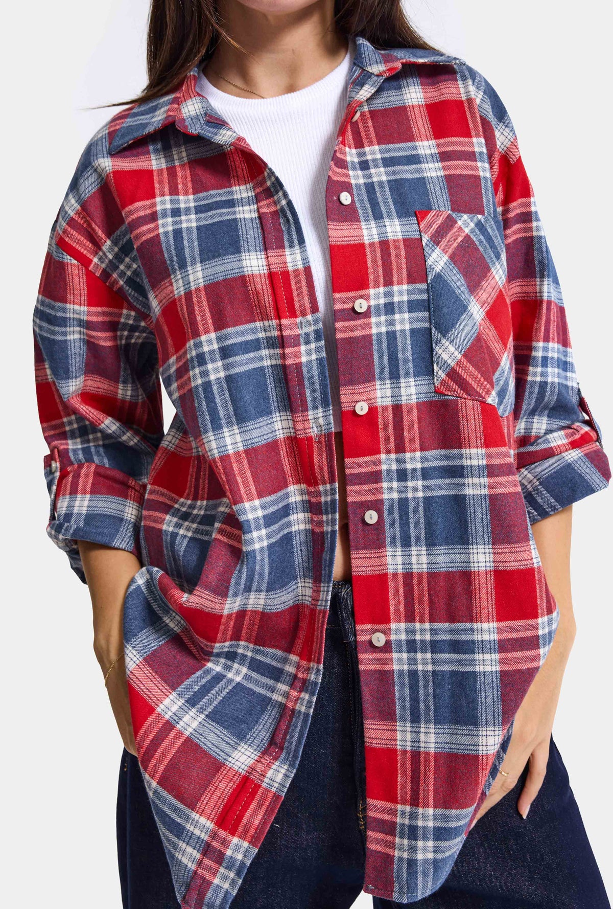 Kadın Laci Kırmızı Ekose w6-76 Oversize Gömlek