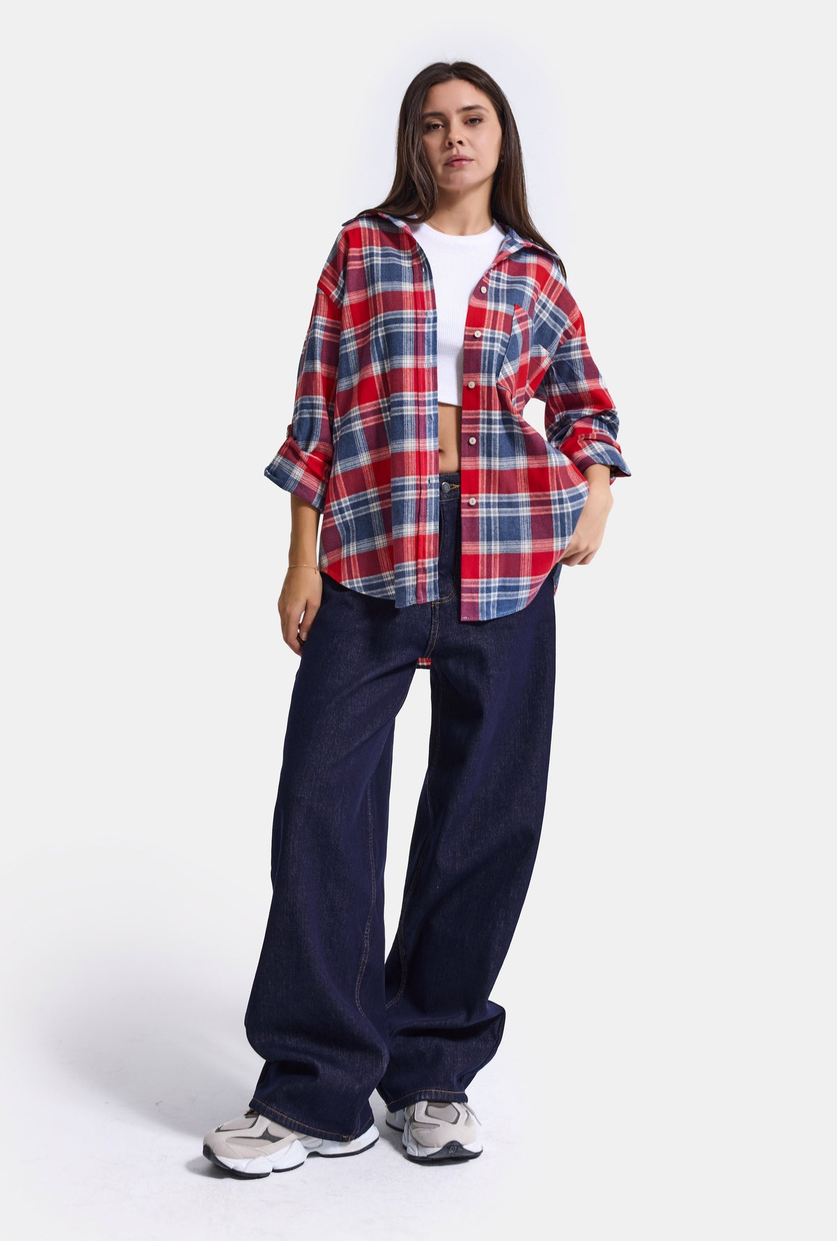 Kadın Laci Kırmızı Ekose w6-76 Oversize Gömlek