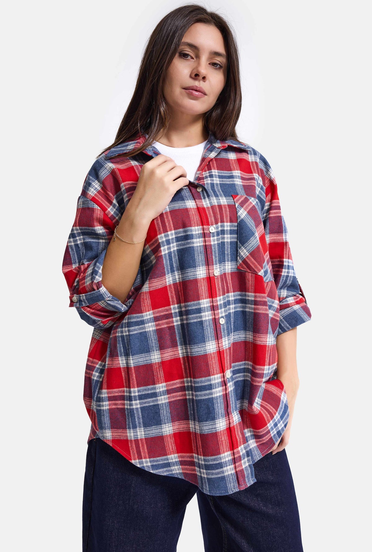 Kadın Laci Kırmızı Ekose w6-76 Oversize Gömlek