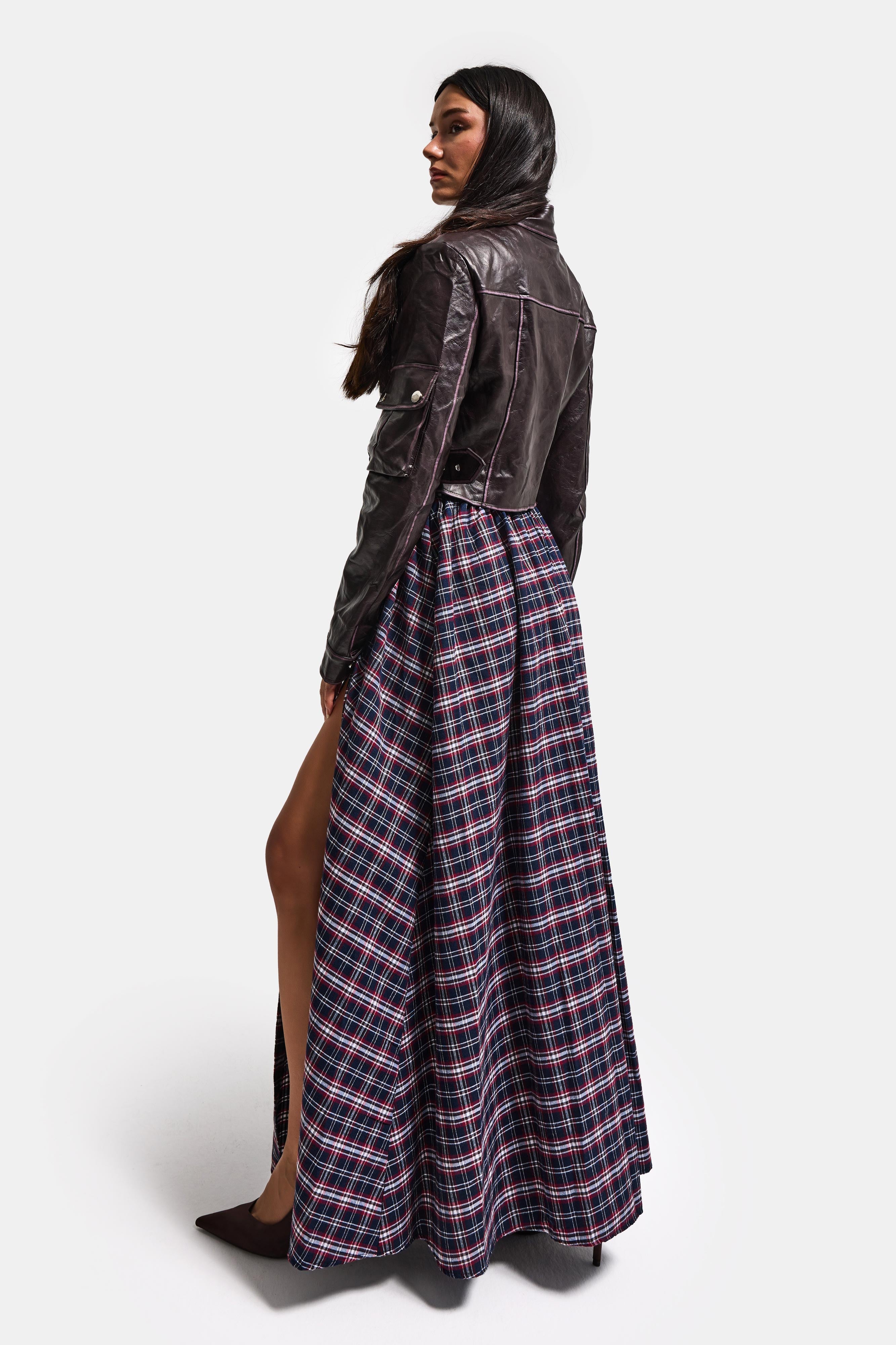 Kadın Lacivert Ekose s6-17 Maxi Boy Yırtmaç Detaylı Pamuk Koton Etek