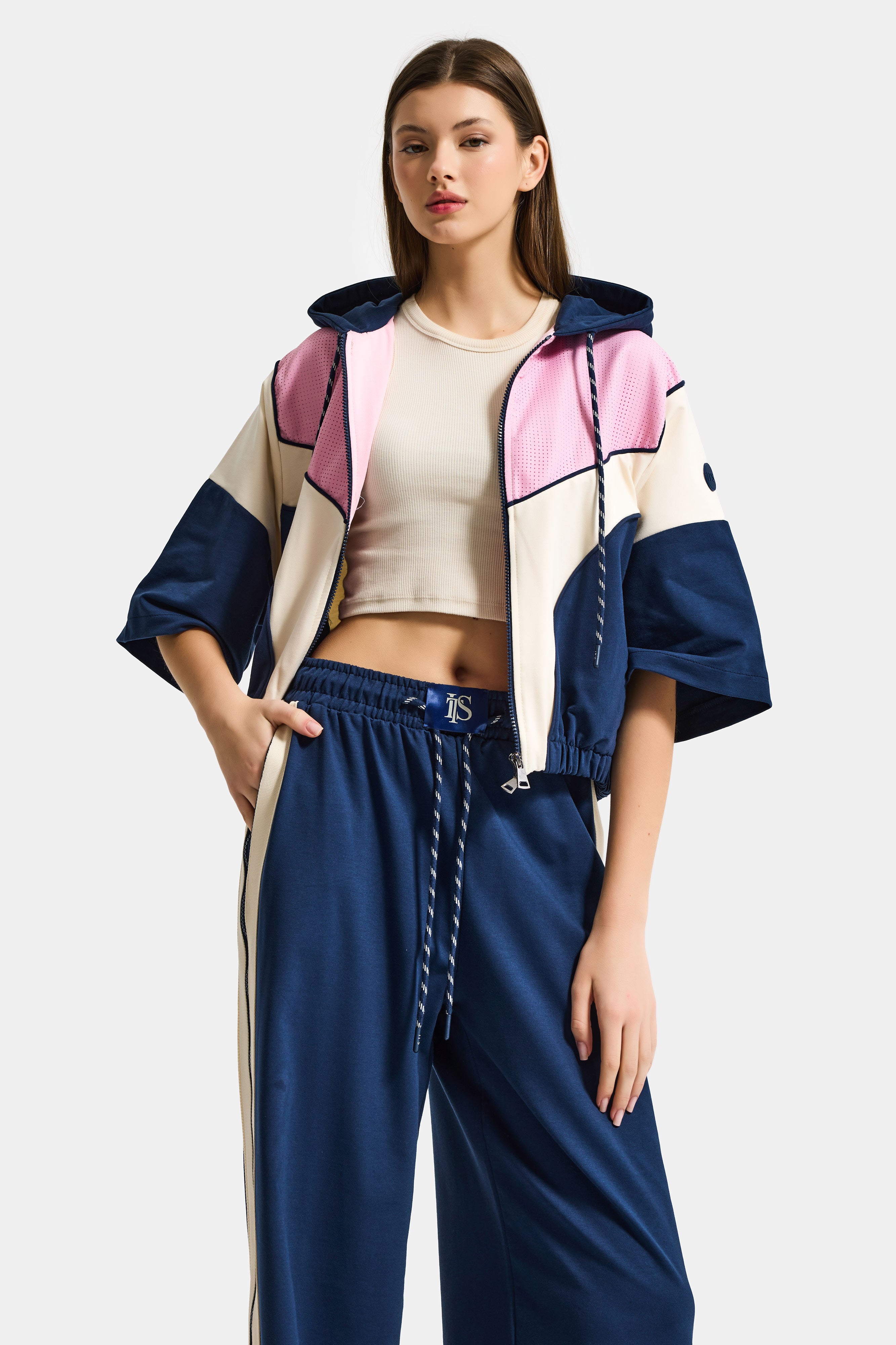 Kadın Lacivert Ekru s6-56 Kapüşonlu Sweatshirt Yürüyüş Efofman Pantolon 2'li Tasarım Takım