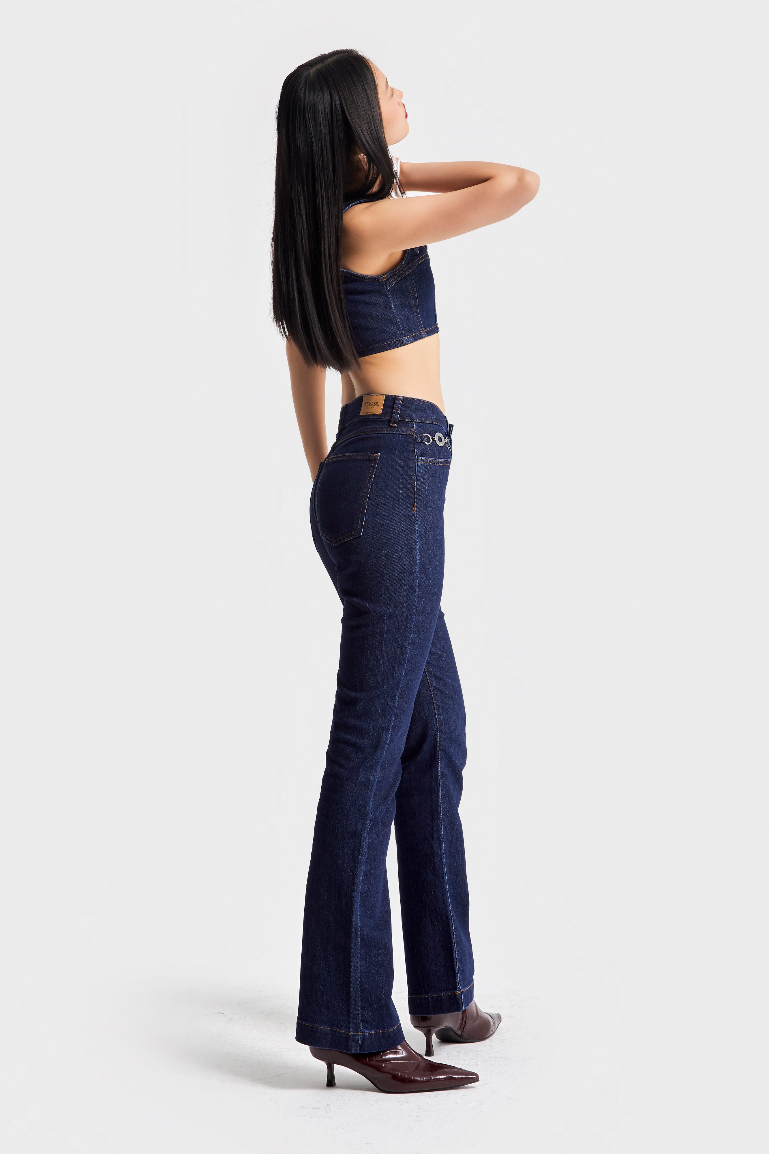 Kadın Lacivert Renk 19w5-33 Yüksek Bel Flare Fit Aksesuar Detaylı Esnek Kumaş Tasarım Denim Jean