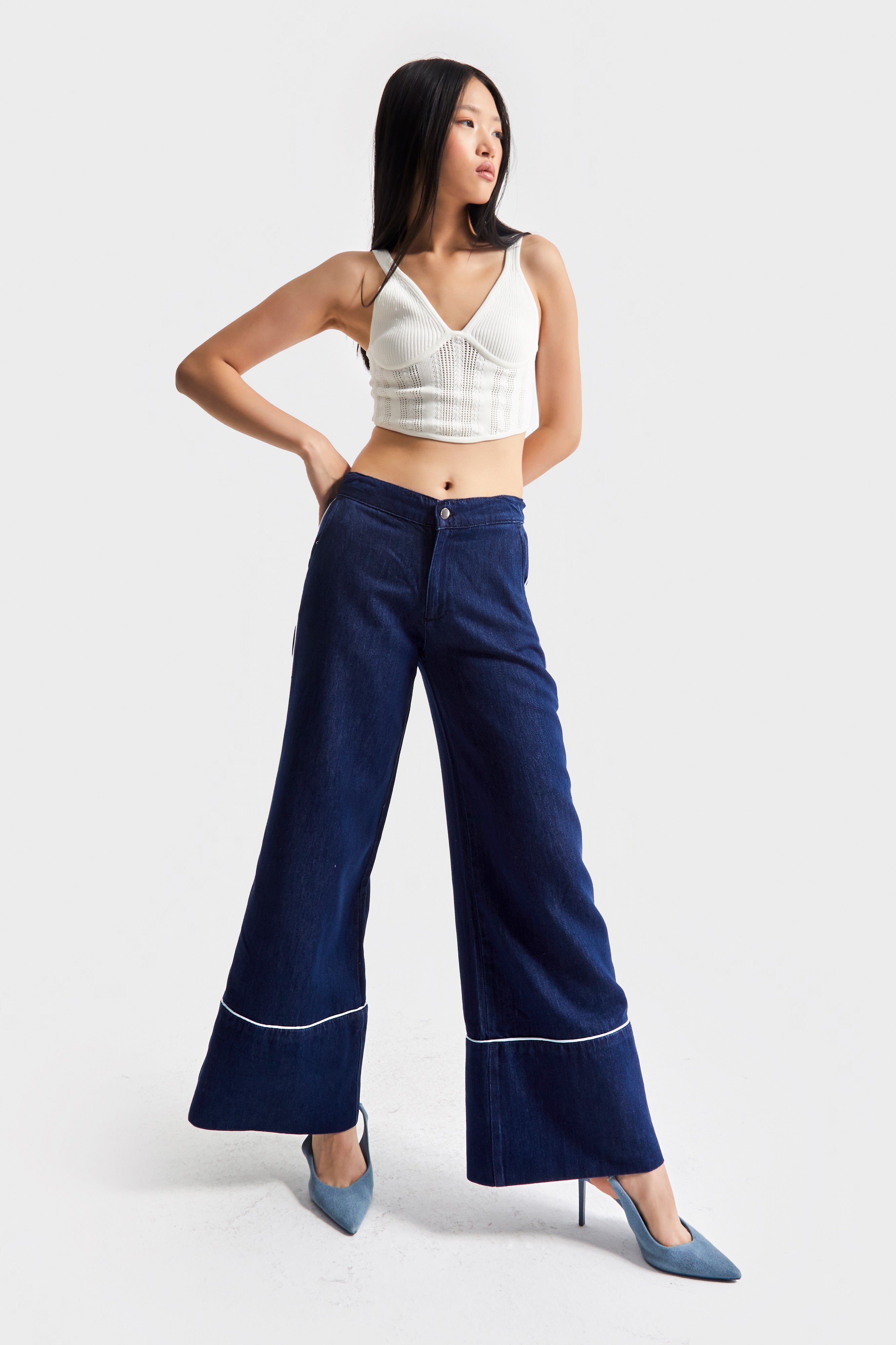 Kadın Lacivert Renk 7w5-50/1 Wide Leg Fit Şerit Detaylı Tasarım Denim Jean
