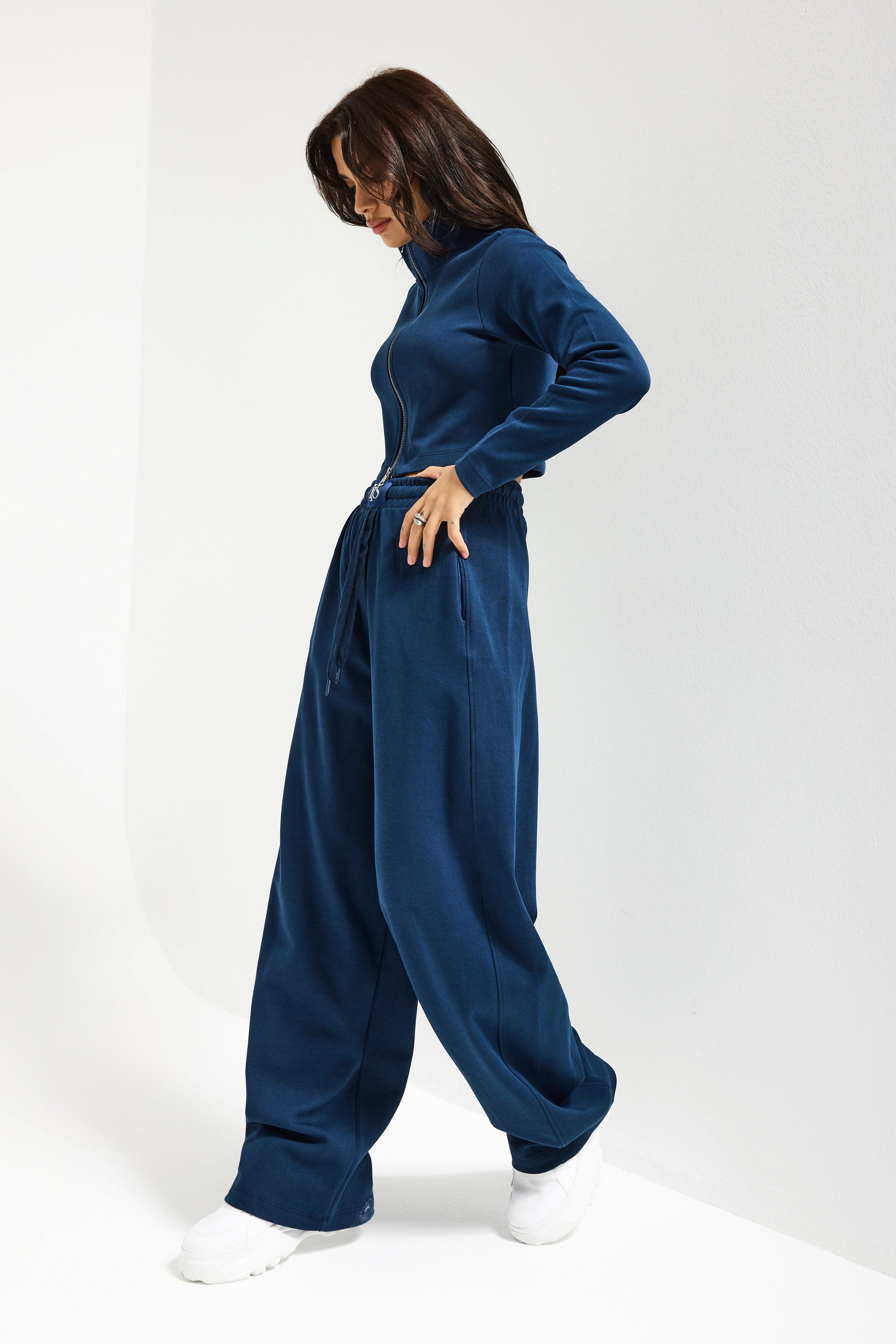 Kadın Lacivert Renk w5-56 Örme Kumaş Eşofman ve Fermuarlı Sweatshirt Alt Üst 2'li Kombin Takım