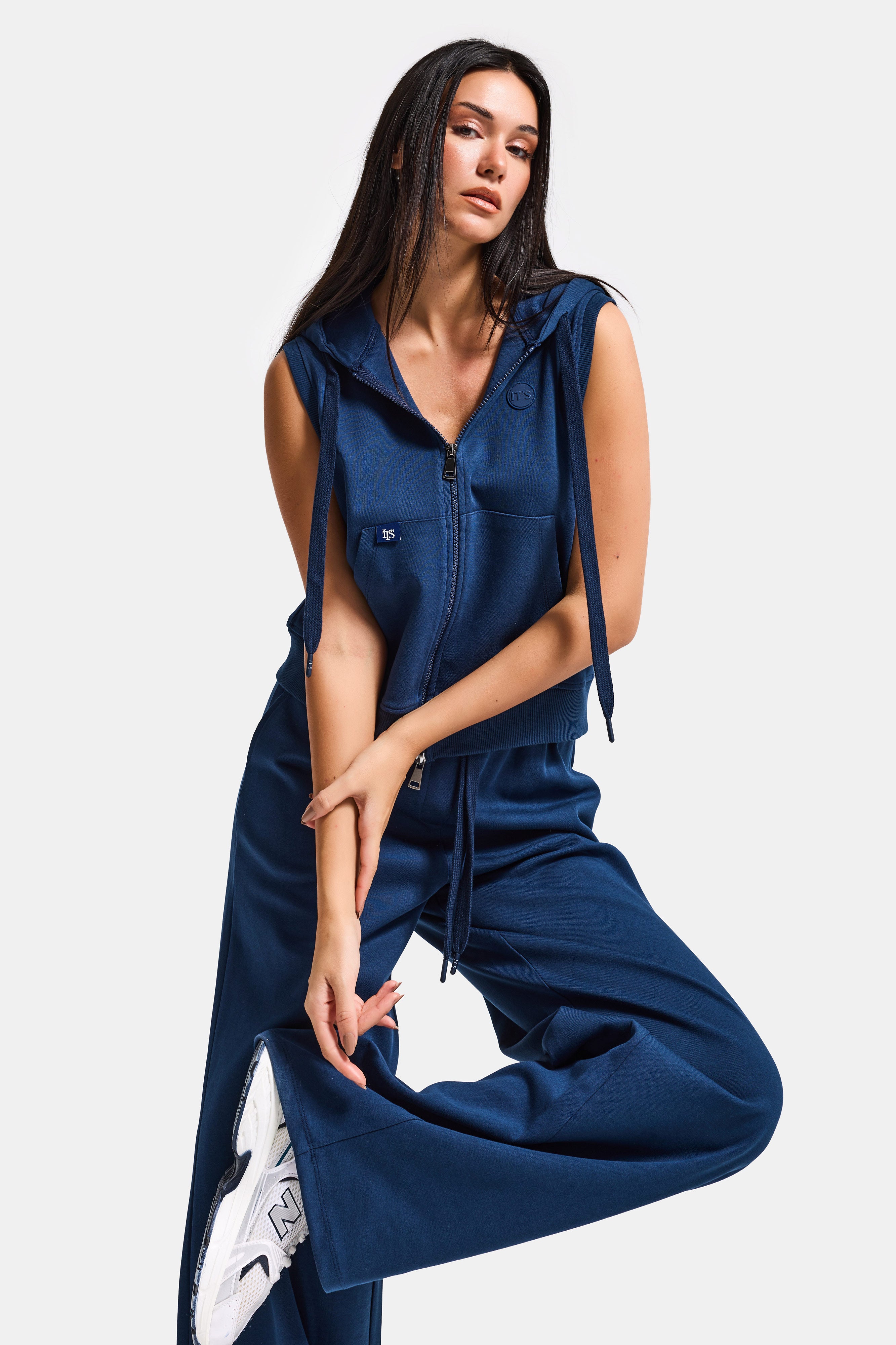 Kadın Lacivert s6-56 Alt Üst Kapüşonlu Yelek Yürüyüş Pantolonu 2'li Tasarım Takım