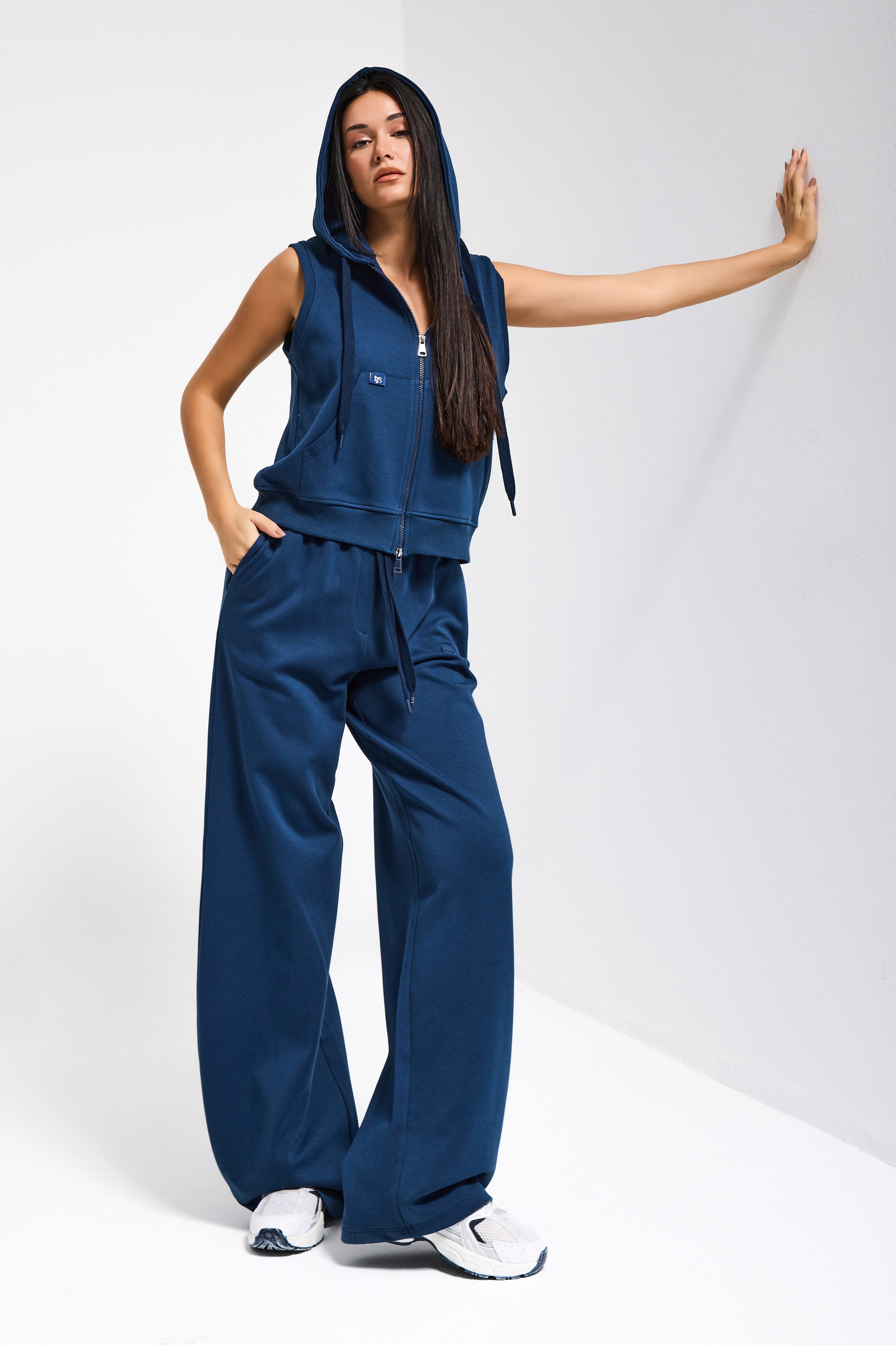 Kadın Lacivert s6-56 Alt Üst Kapüşonlu Yelek Yürüyüş Pantolonu 2'li Tasarım Takım