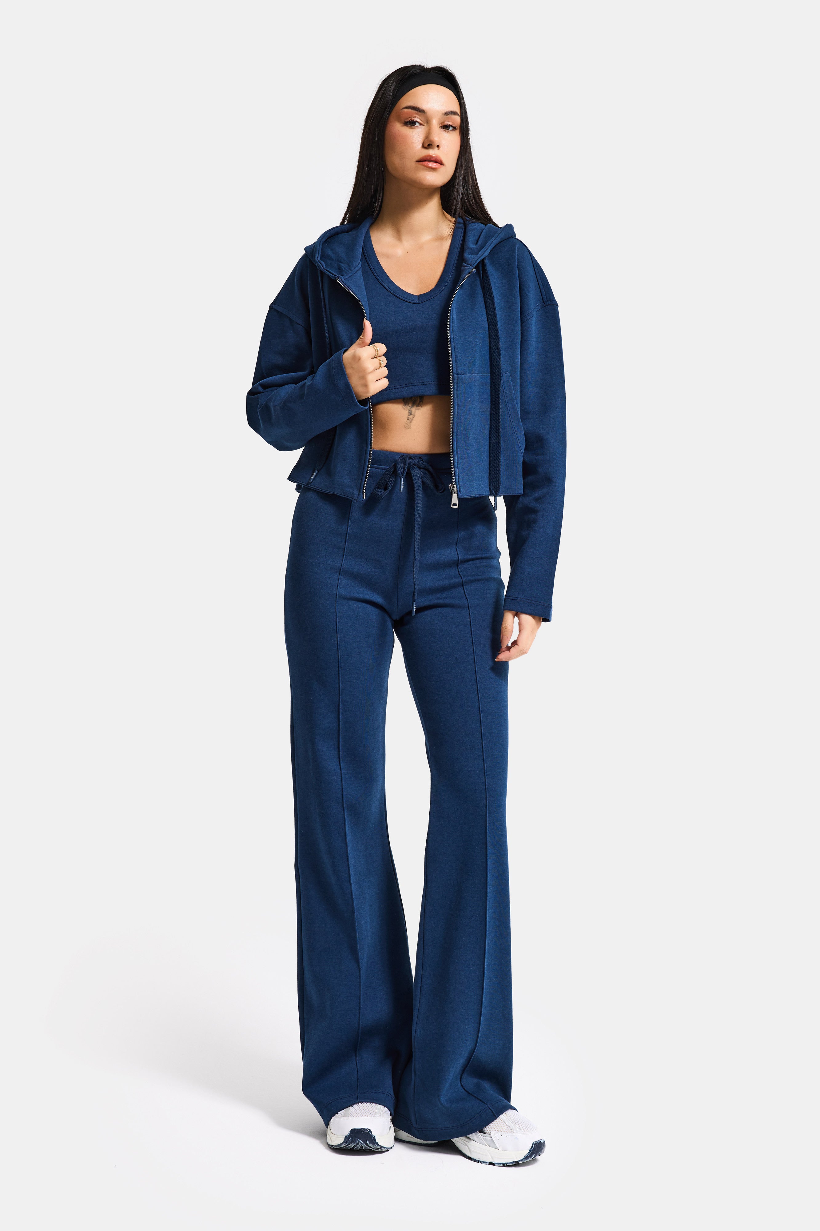 Kadın Lacivert s6-56 Örme Kumaş Flare Eşofman Büstiyer ve Fermuarlı Sweatshirt 3'lü Kombin Takım