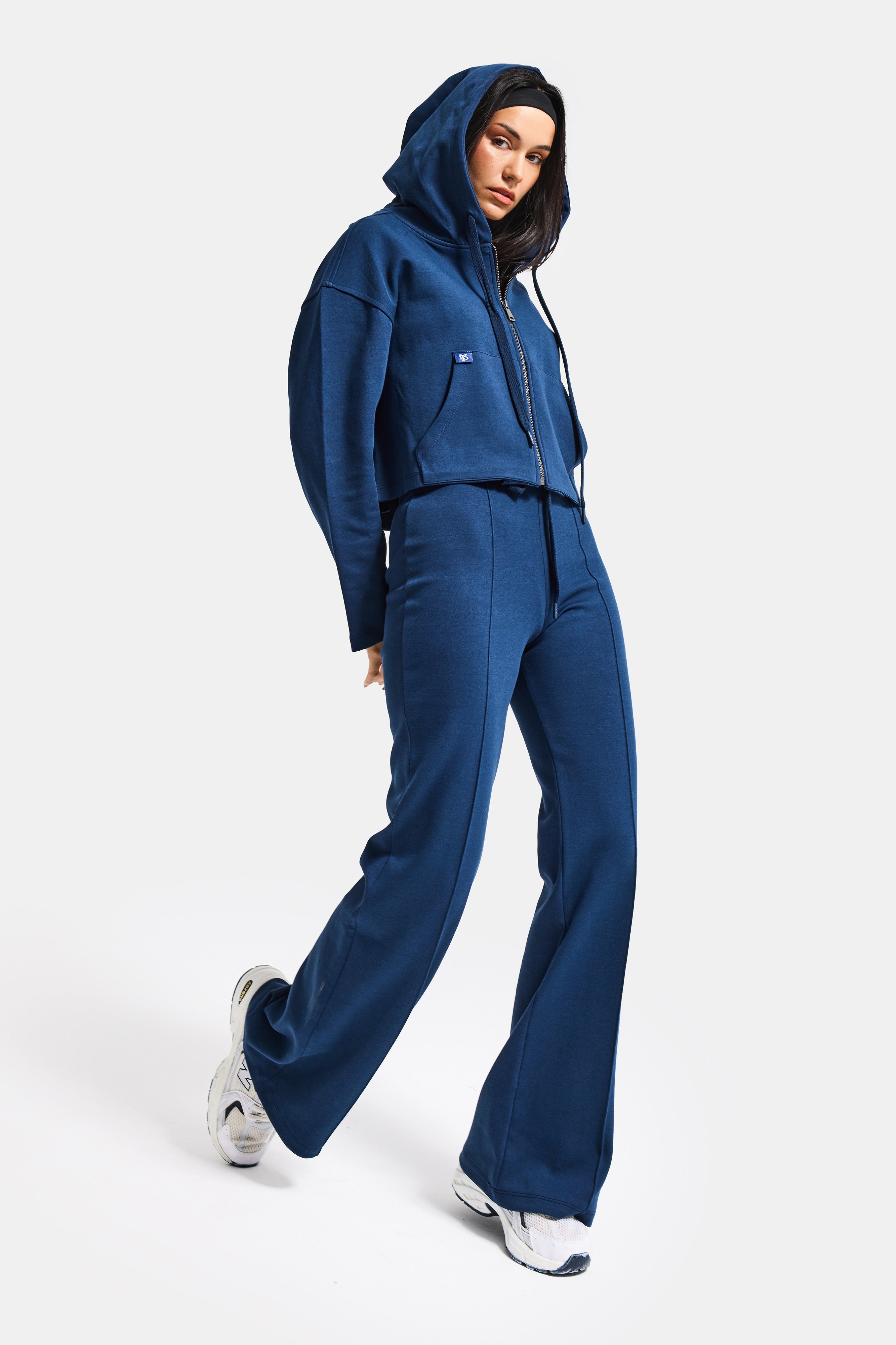 Kadın Lacivert s6-56 Örme Kumaş Flare Eşofman Büstiyer ve Fermuarlı Sweatshirt 3'lü Kombin Takım