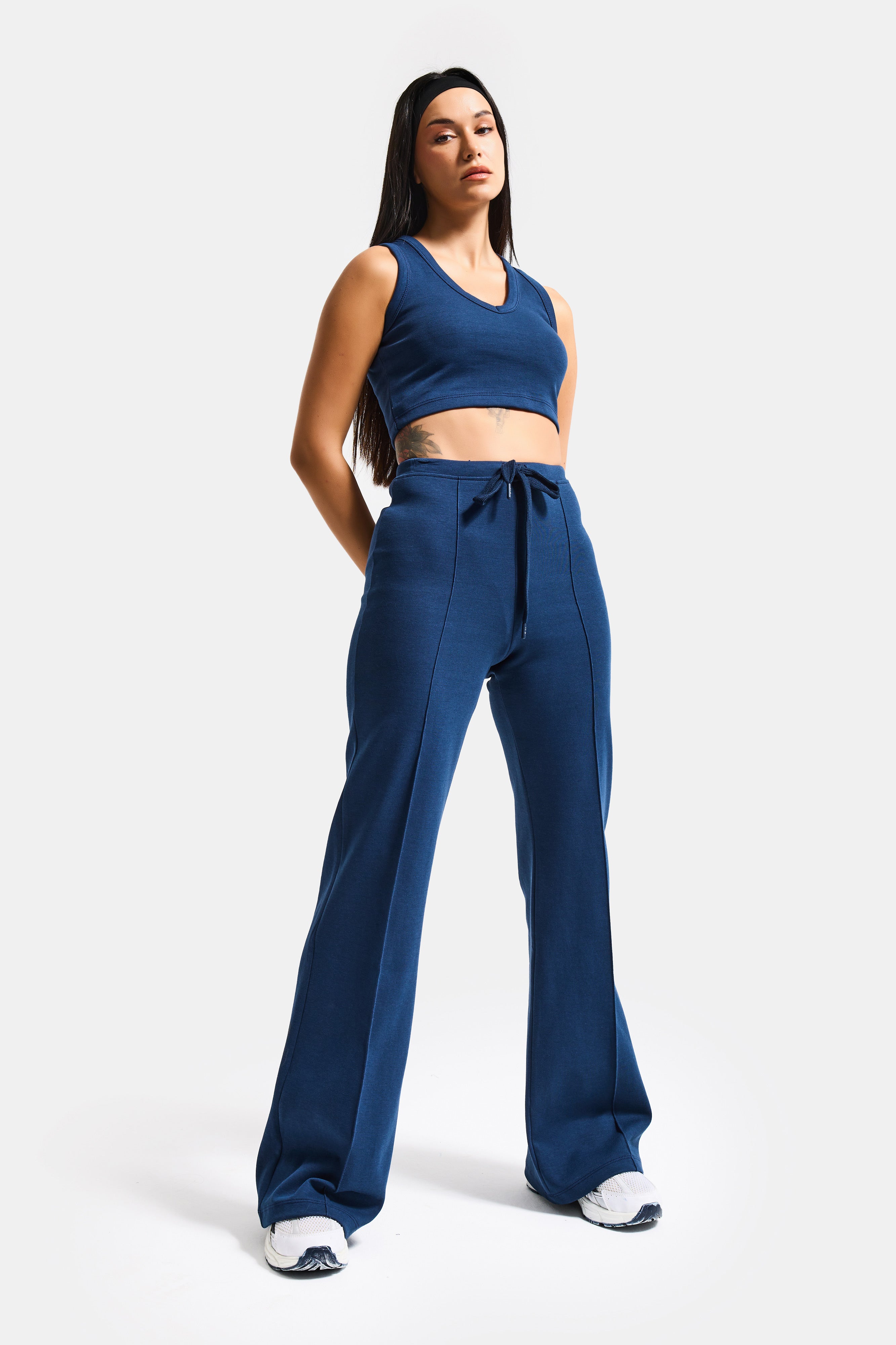 Kadın Lacivert s6-56 Örme Kumaş Flare Eşofman Büstiyer ve Fermuarlı Sweatshirt 3'lü Kombin Takım