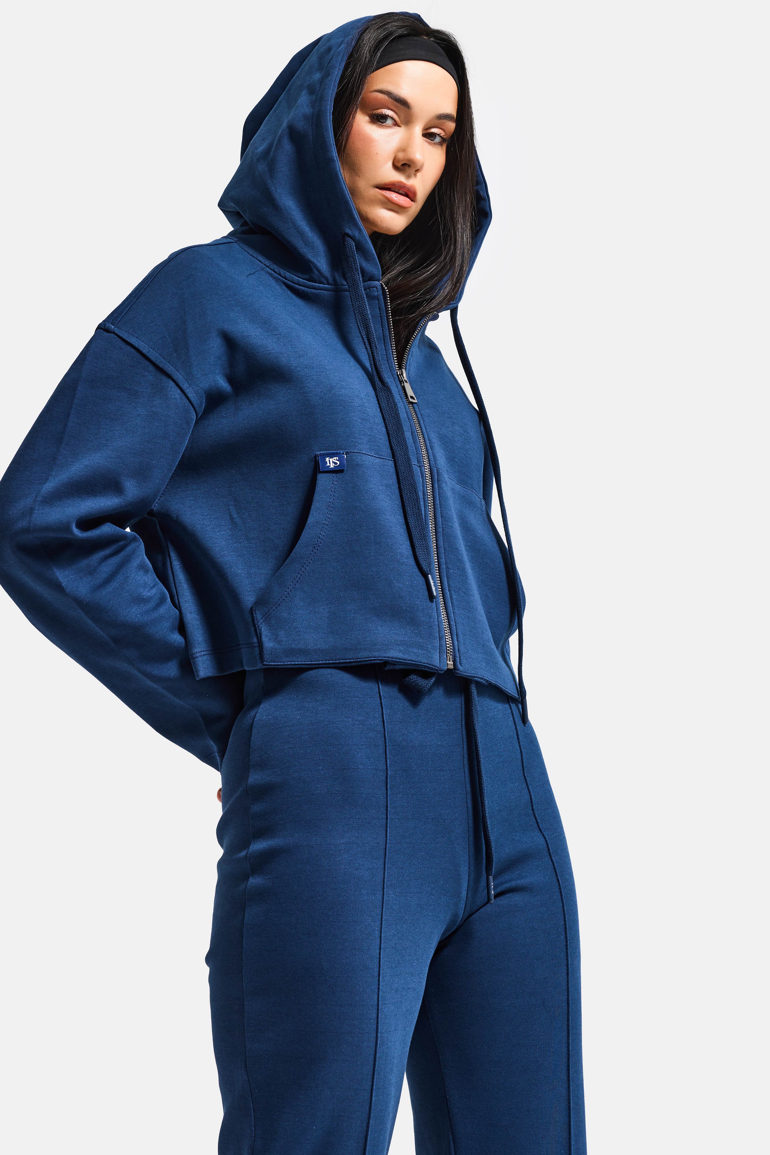 Kadın Lacivert s6-56 Örme Kumaş Flare Eşofman Büstiyer ve Fermuarlı Sweatshirt 3'lü Kombin Takım