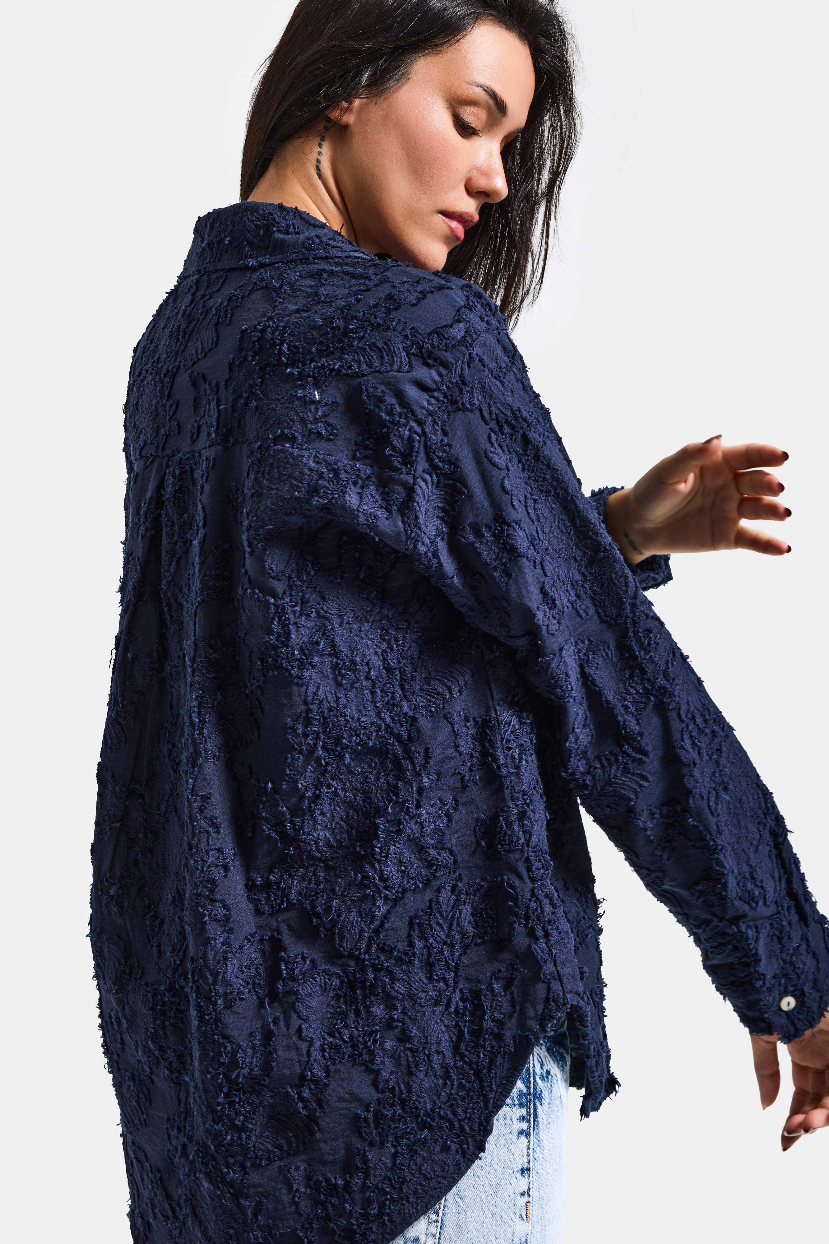 Kadın Lacivert s6-56 Özel Kumaş Bol Kesim Elastan Gömlek