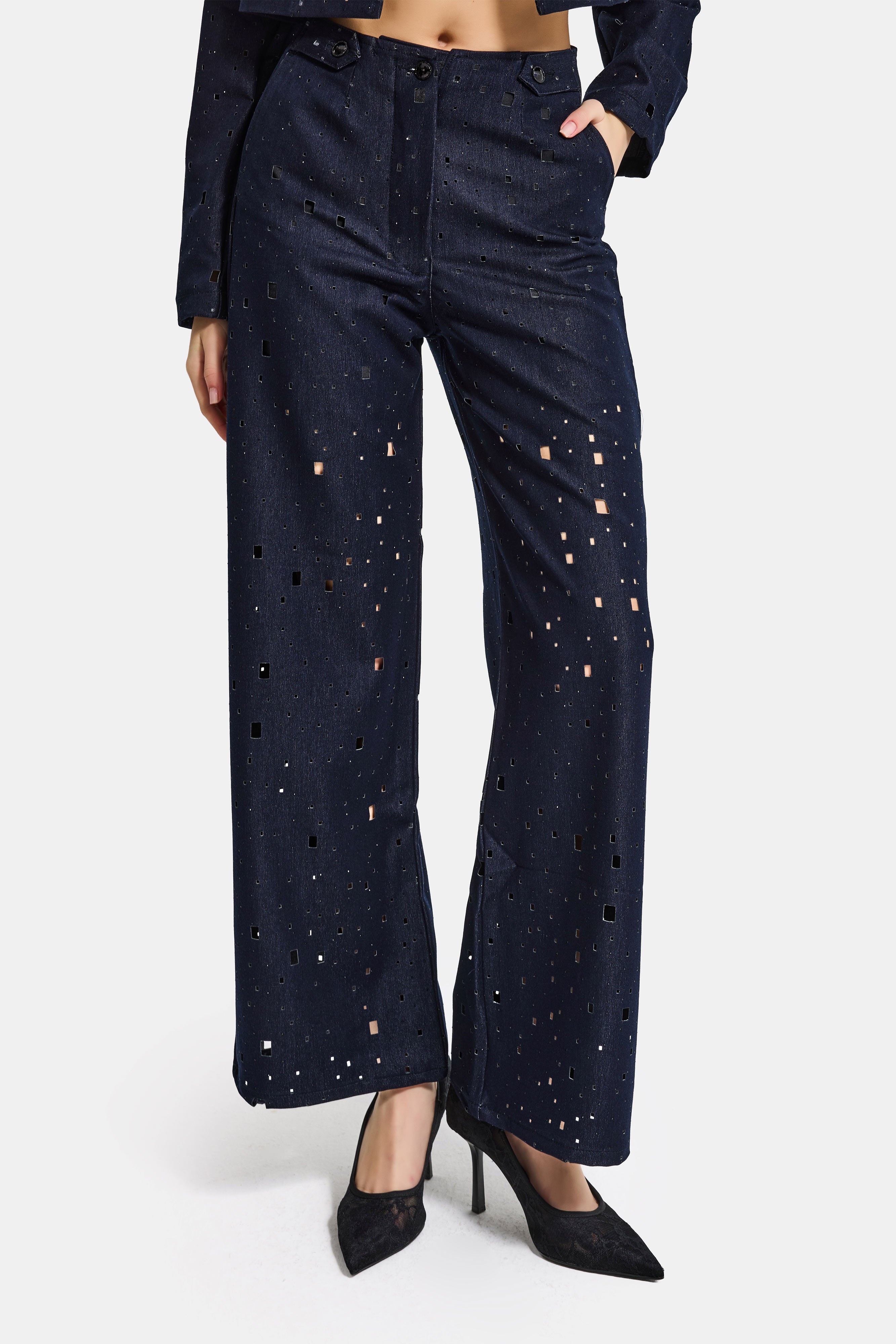 Kadın Lacivert s6-56 Wide Leg Özel Tasarım Delikli Denim Jean