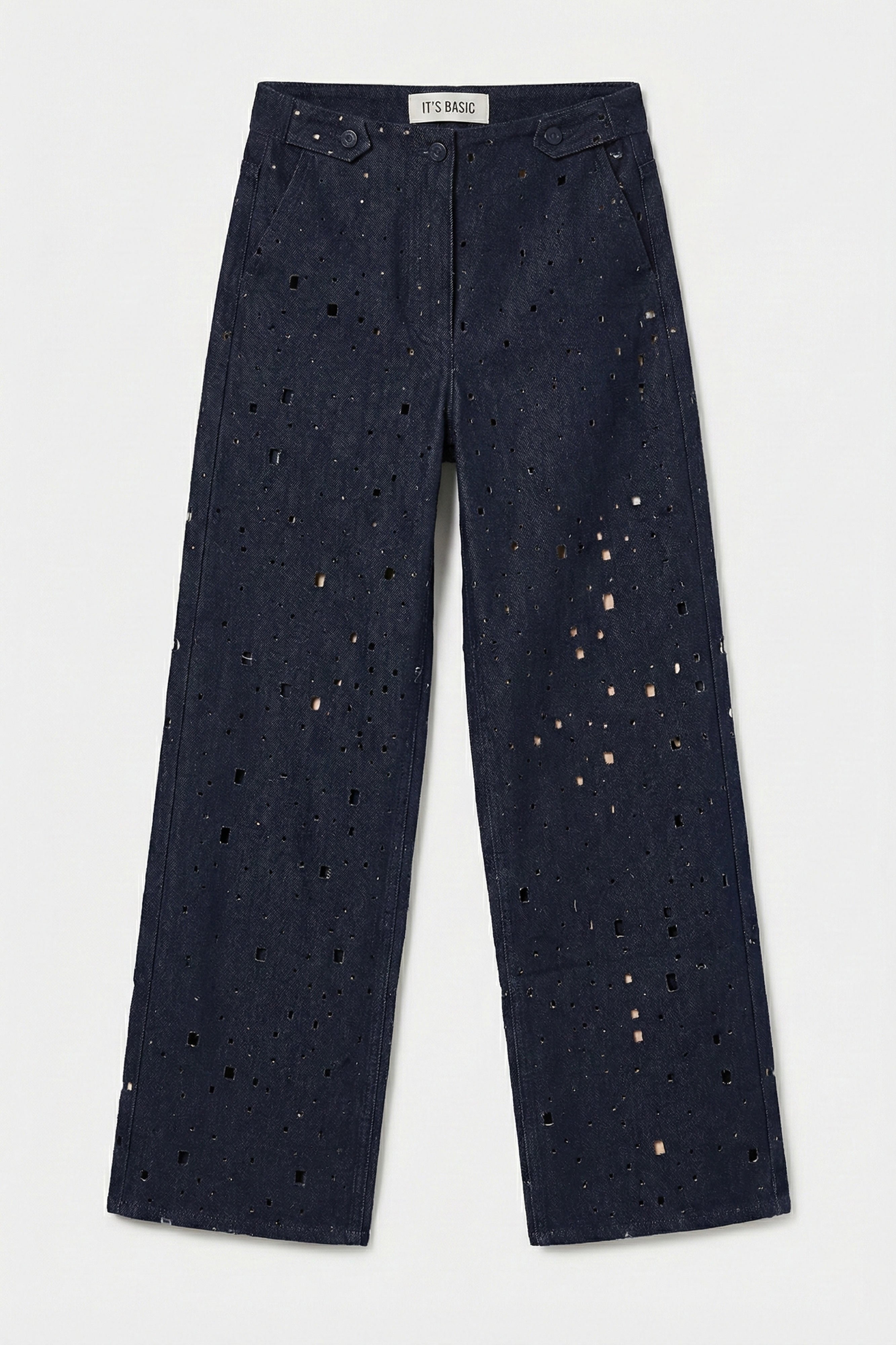 Kadın Lacivert s6-56 Wide Leg Özel Tasarım Delikli Denim Jean